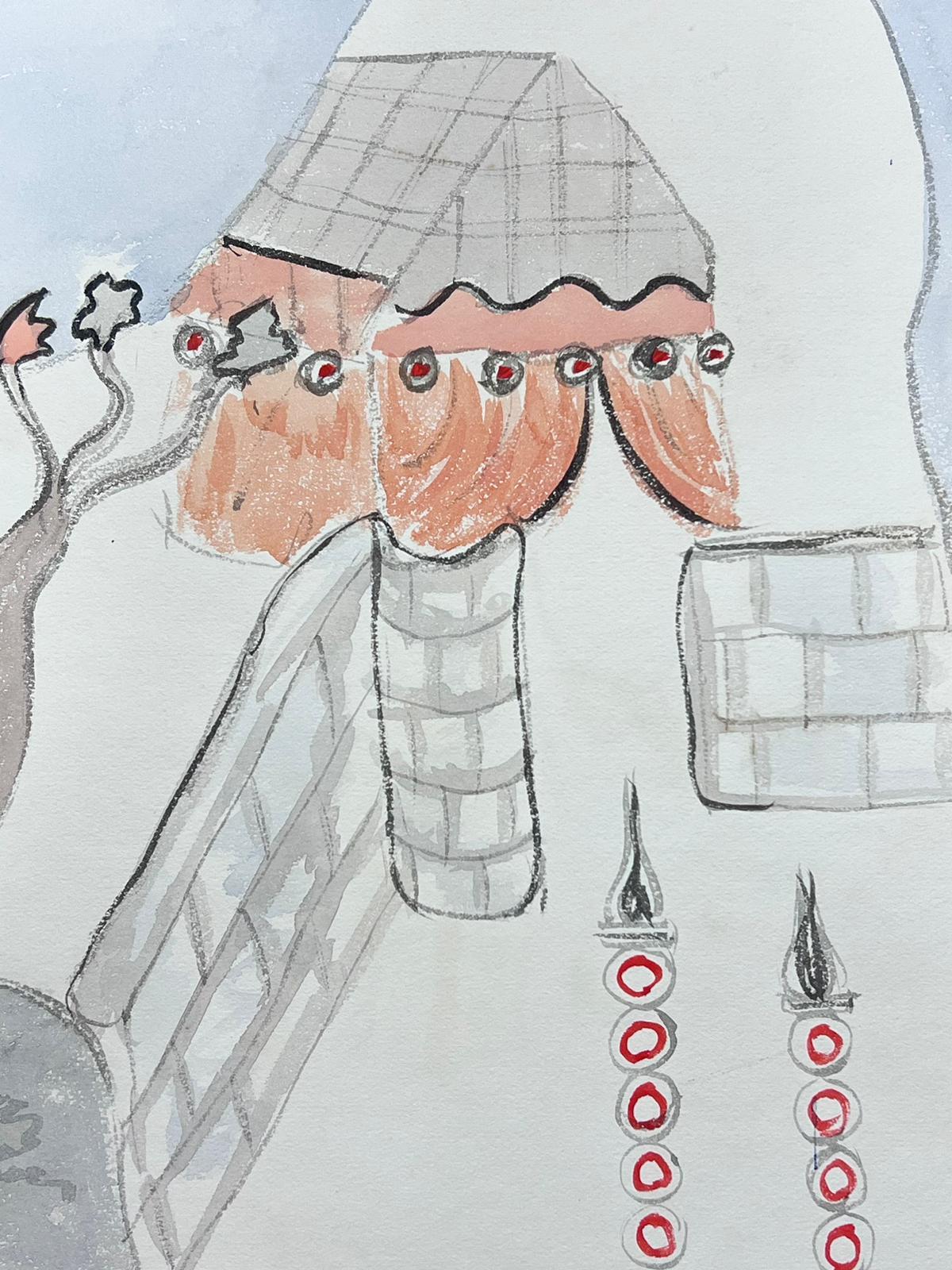Acuarela caprichosa de una escena arquitectónica abstracta con detalles únicos - Art impresionista estadounidense de Marjorie Schiele (1913-2008)