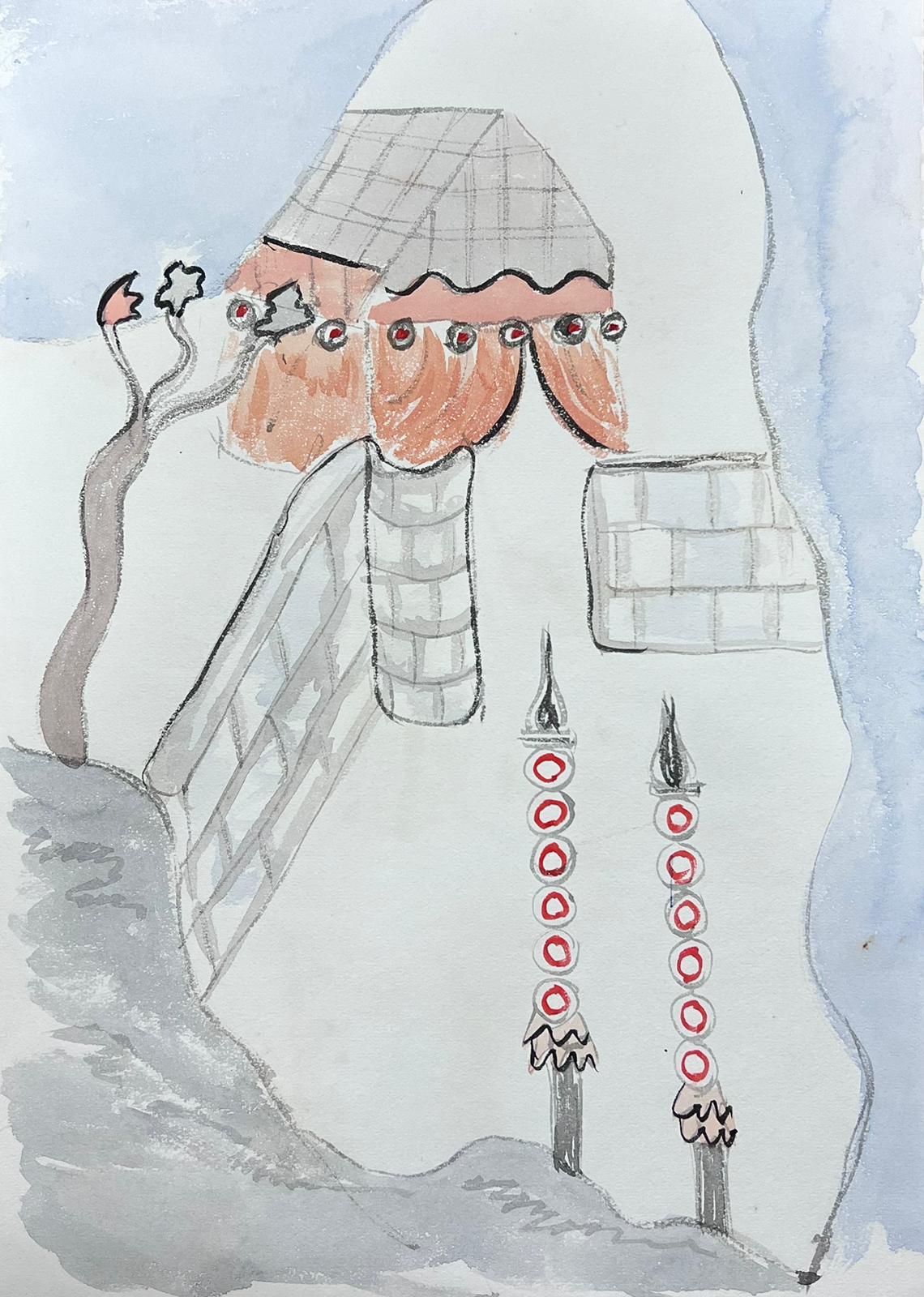 Landscape Art de Marjorie Schiele (1913-2008) - Acuarela caprichosa de una escena arquitectónica abstracta con detalles únicos