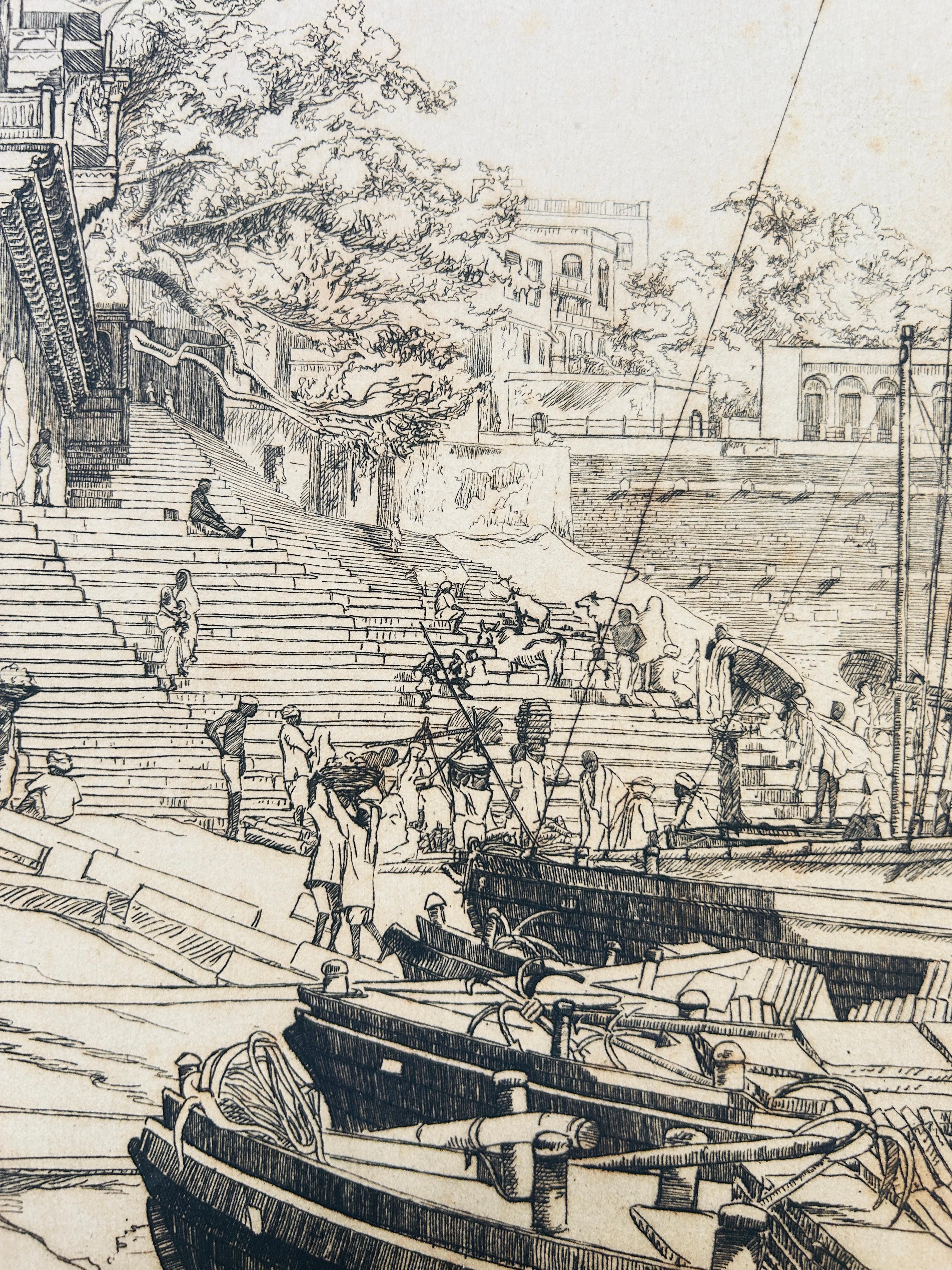 India Aguafuerte Artista listado c1920 Firmado y titulado Benares Ghats Vida cotidiana en venta 5