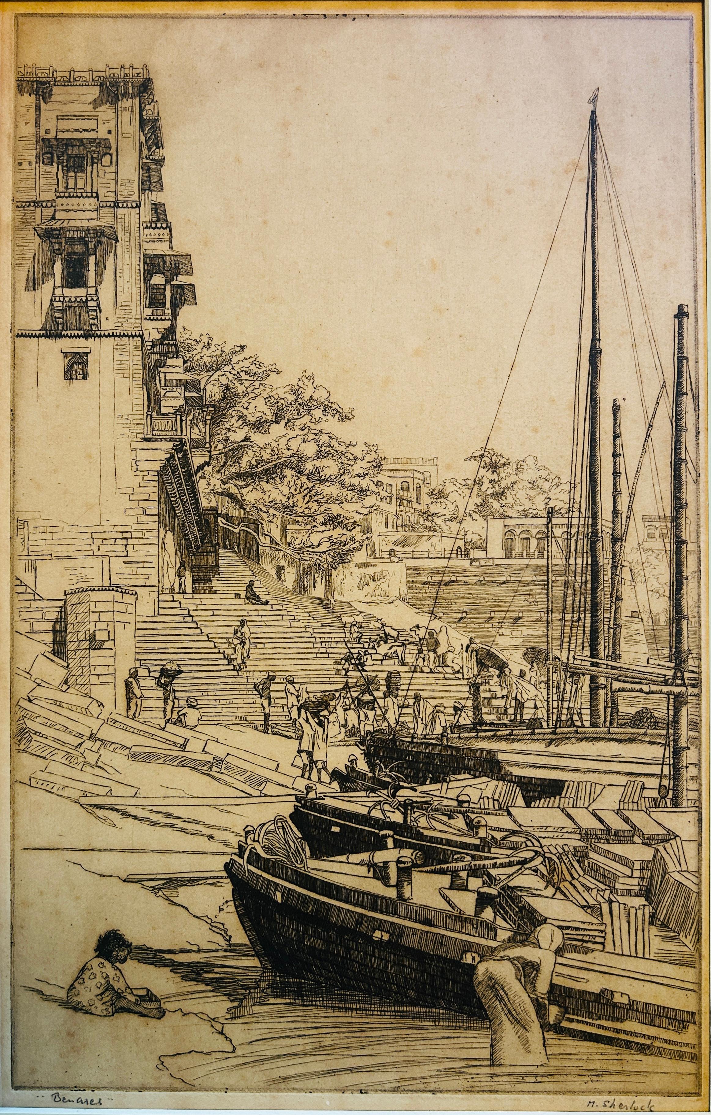 India Aguafuerte Artista listado c1920 Firmado y titulado Benares Ghats Vida cotidiana en venta 7