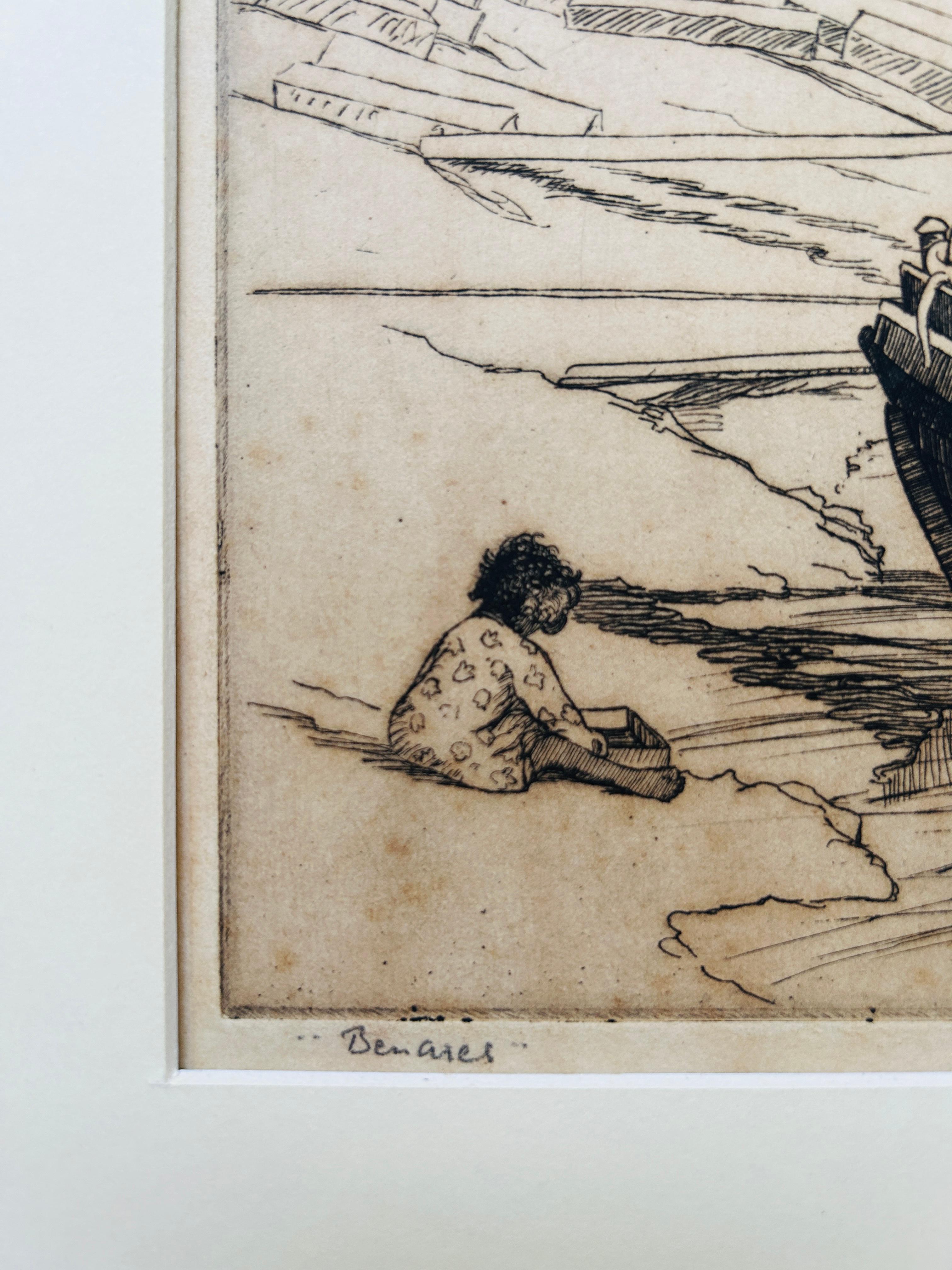 India Aguafuerte Artista listado c1920 Firmado y titulado Benares Ghats Vida cotidiana - Landscape Print Beige de Marjorie Sherlock