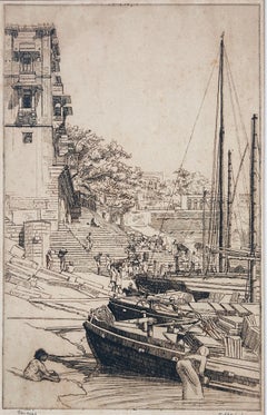 India Aguafuerte Artista listado c1920 Firmado y titulado Benares Ghats Vida cotidiana