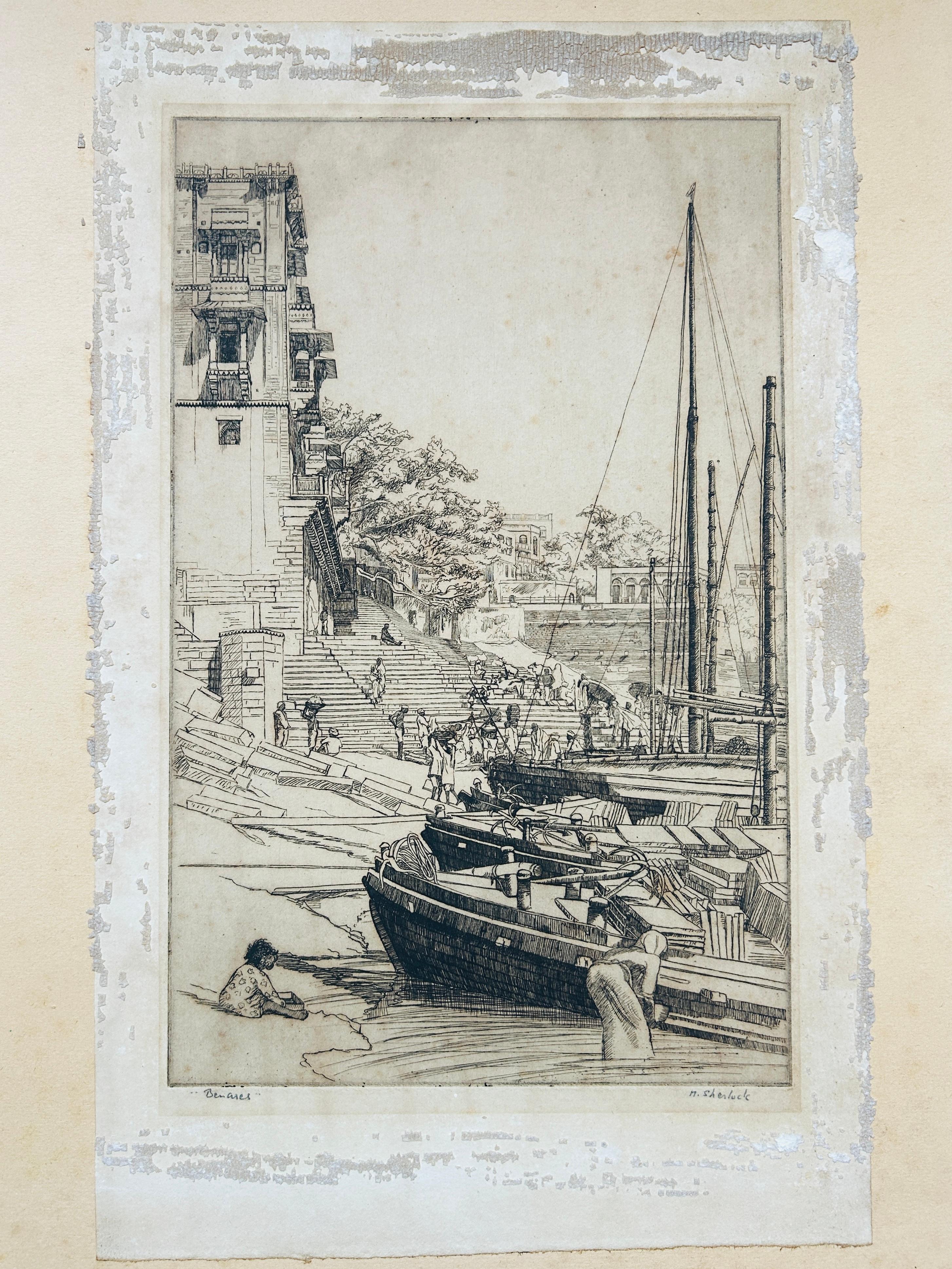 Benarés, India

Artista: M.Sherlock (1897-1973)
Medio: Aguafuerte
Fecha: c 1920
Tamaño Montado: 53 x 37 cm
Tamaño Placa: 34,7 x 22 cm

Marjorie Sherlock formó parte de un grupo de mujeres artistas activas a principios del siglo XX. Se formaron