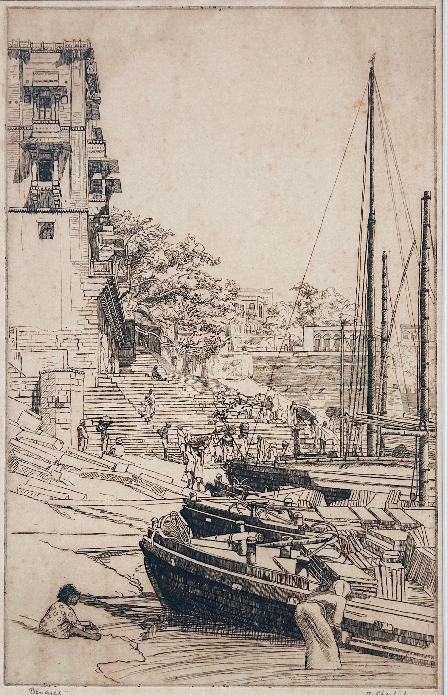India Aguafuerte Artista listado c1920 Firmado y titulado Benares Ghats Vida cotidiana en venta 3