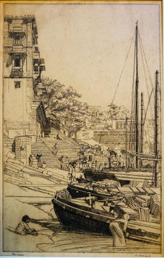 India Etching Listed Artist c1920 Signed and Titled Benares Ghats Daily Life
