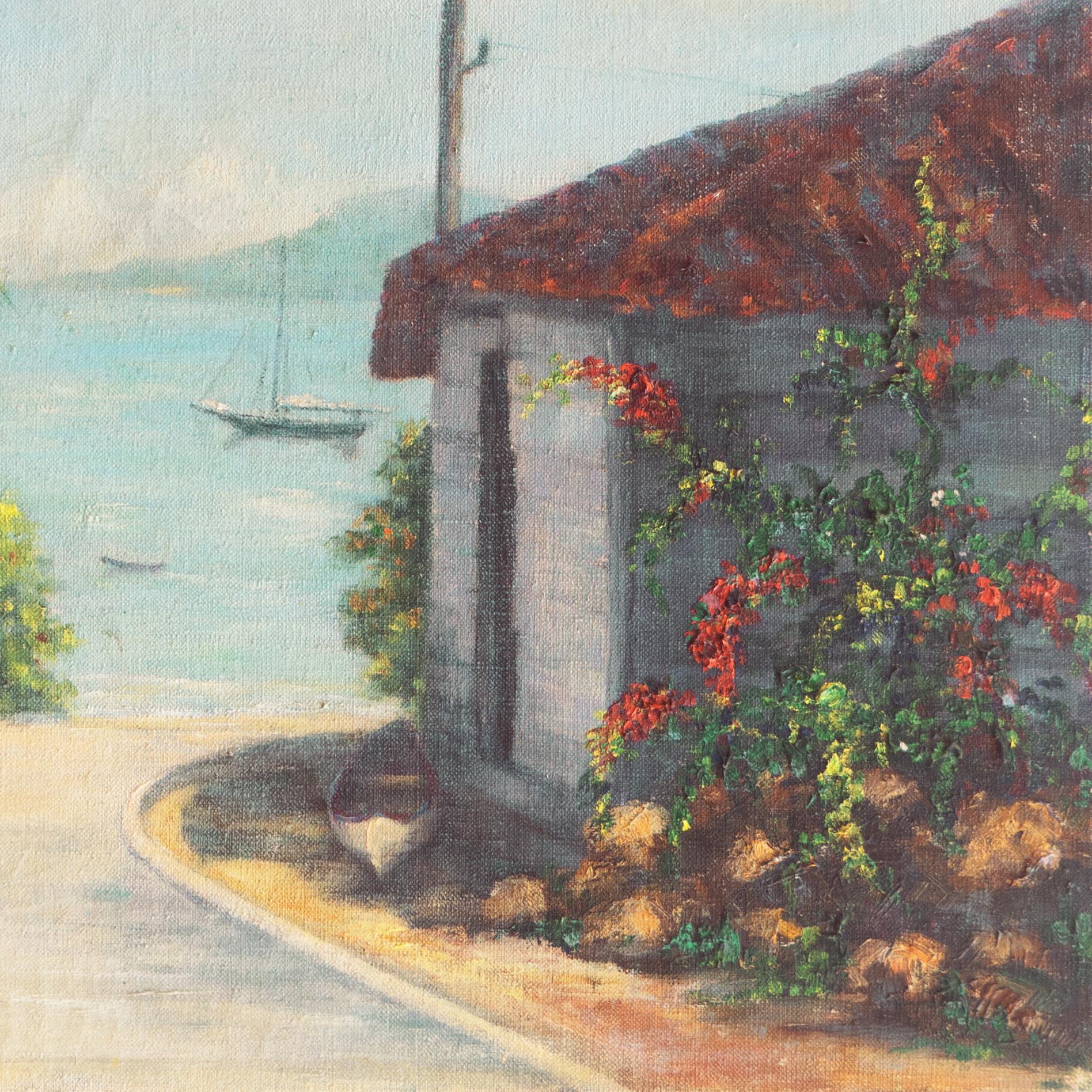 'Coastal Cottages', Mid-century Massachusetts Woman Artist, California - Gray Landscape Painting by Marjorie Swinson
