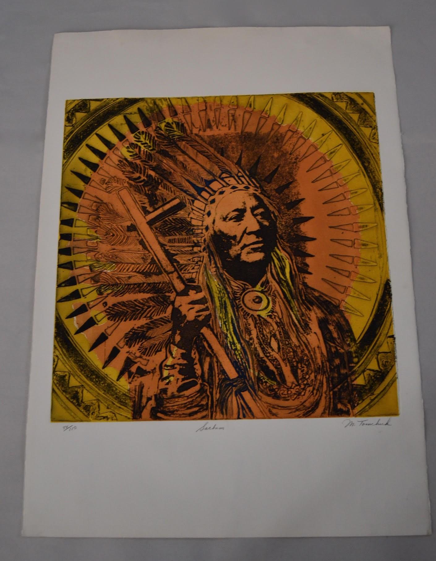 A wonderful and strong print or image by Canadian born artist Marjorie Tomchuk of a Native American chief. 

The print is pencil signed, titled (Sachem), and numbered (84/100) by the artist.

Clearly an eye-catching work. 

Per the artist's