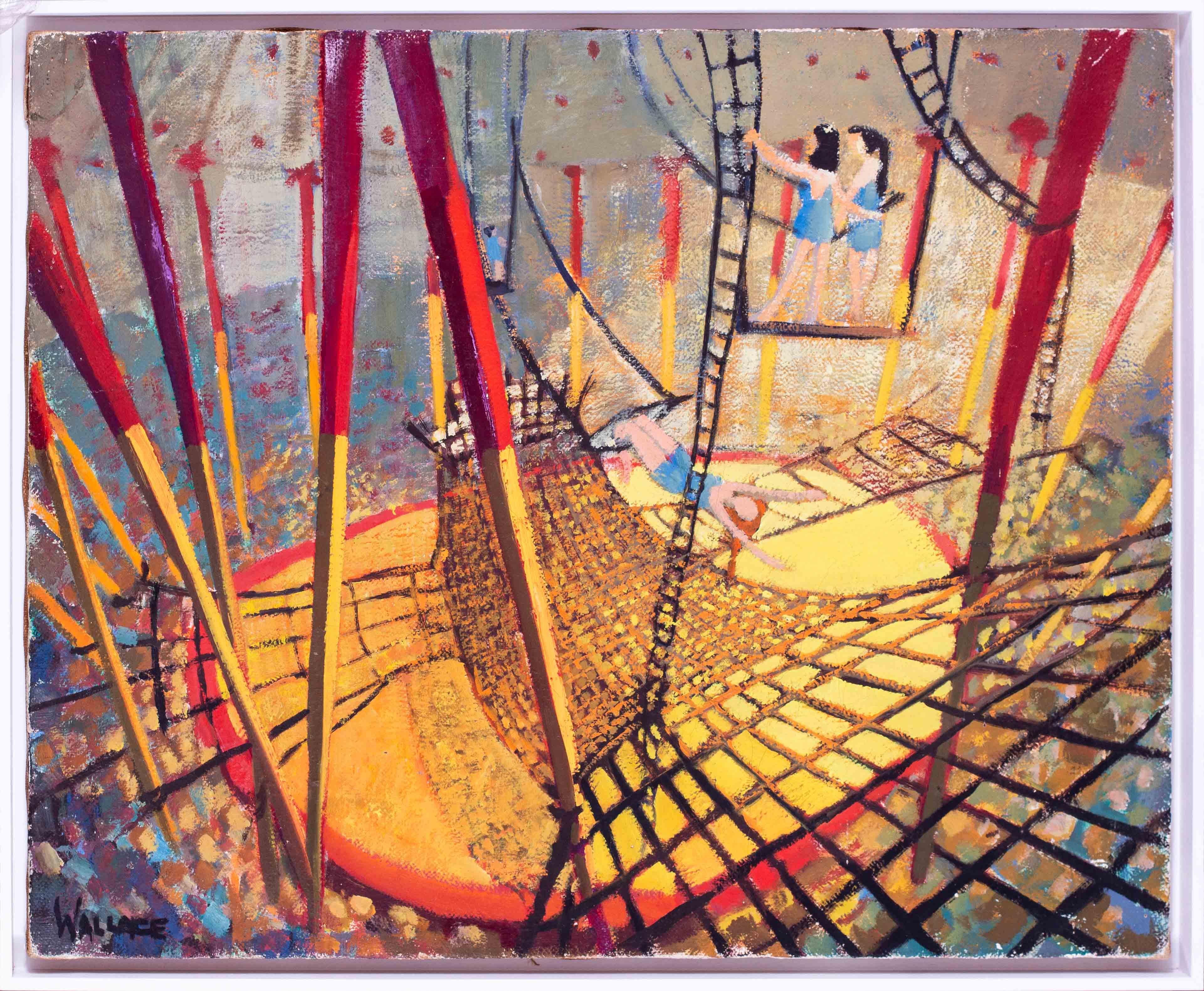 Marjorie Wallace (Schottin/Südafrikanerin, 1925-2005)
Die Trapezkünstler
Signiert 'WALLACE' (unten links)
Öl auf Leinwand
25 ½ x 32 in. (64,7 x 81,2 cm)
Die Trapezkünstler sind ein eindrucksvolles Beispiel für Marjorie Wallaces kühnen,