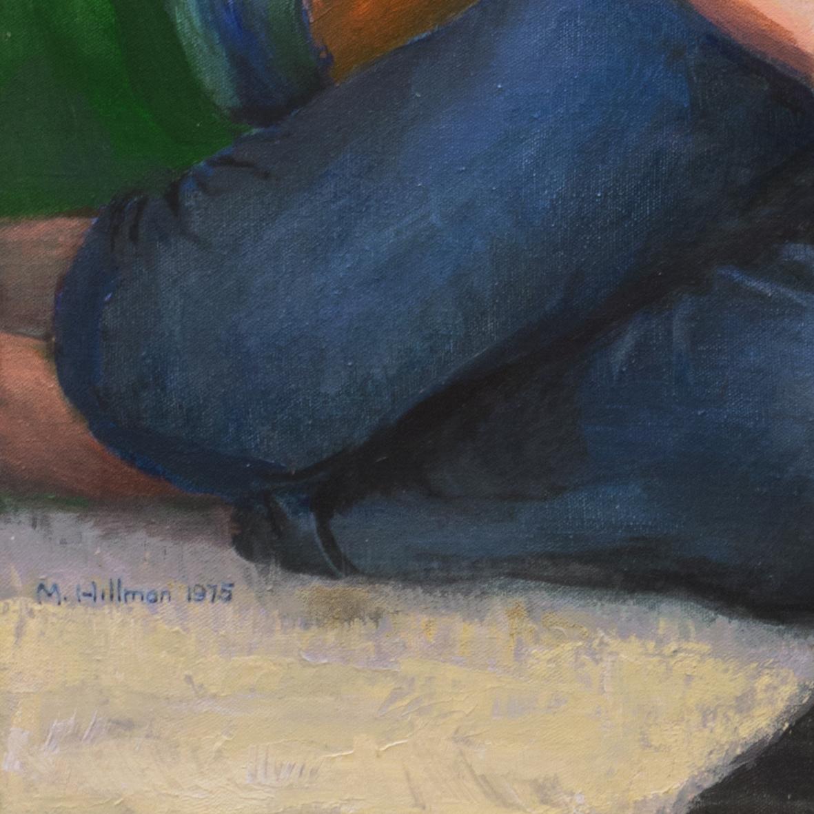 'Hermanos setenteros', Pareja de retratos al óleo, Moda de la época de los 70, Gran Danés - Portrait Painting Marrón de Marjory Hillman