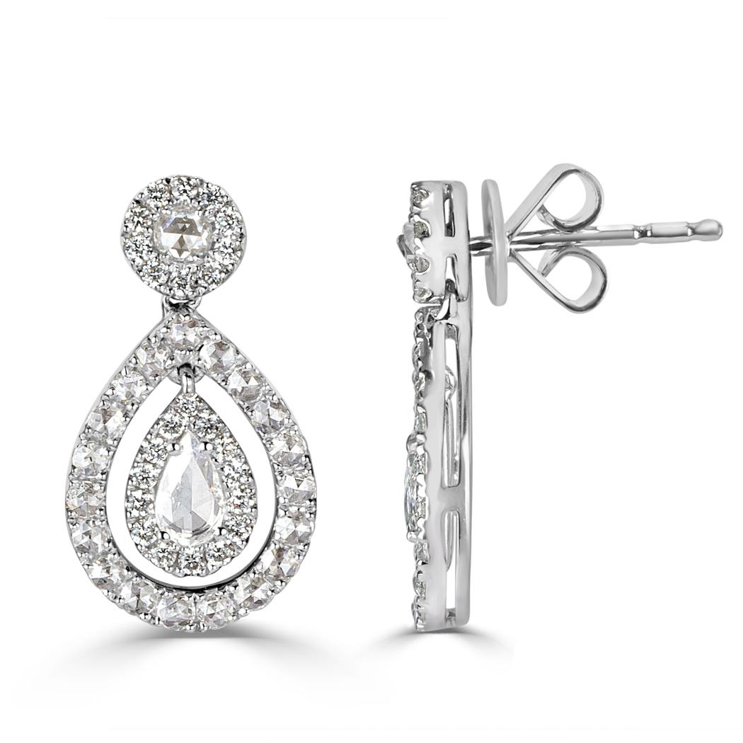 Rose Cut Mark 1.10 Carat Rose-Cut Pear Shaped Diamond Dangle Earrings