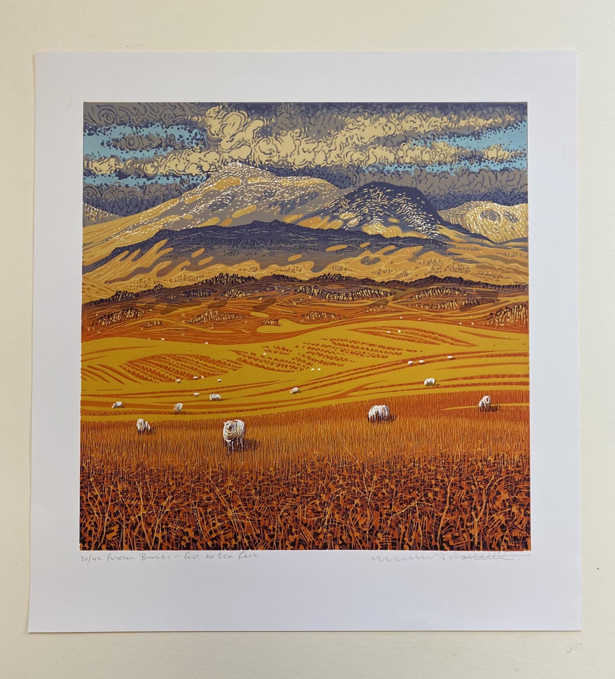 From Birker Fell to Sca Fell, Mark A Pearce, Linocut print, bright artwork For Sale 1