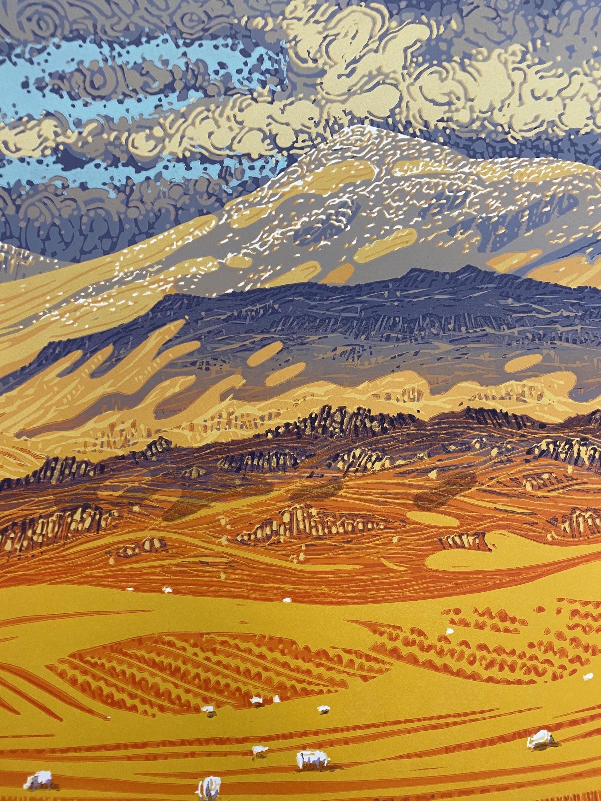 From Birker Fell to Sca Fell, Mark A Pearce, Linocut print, bright artwork For Sale 4