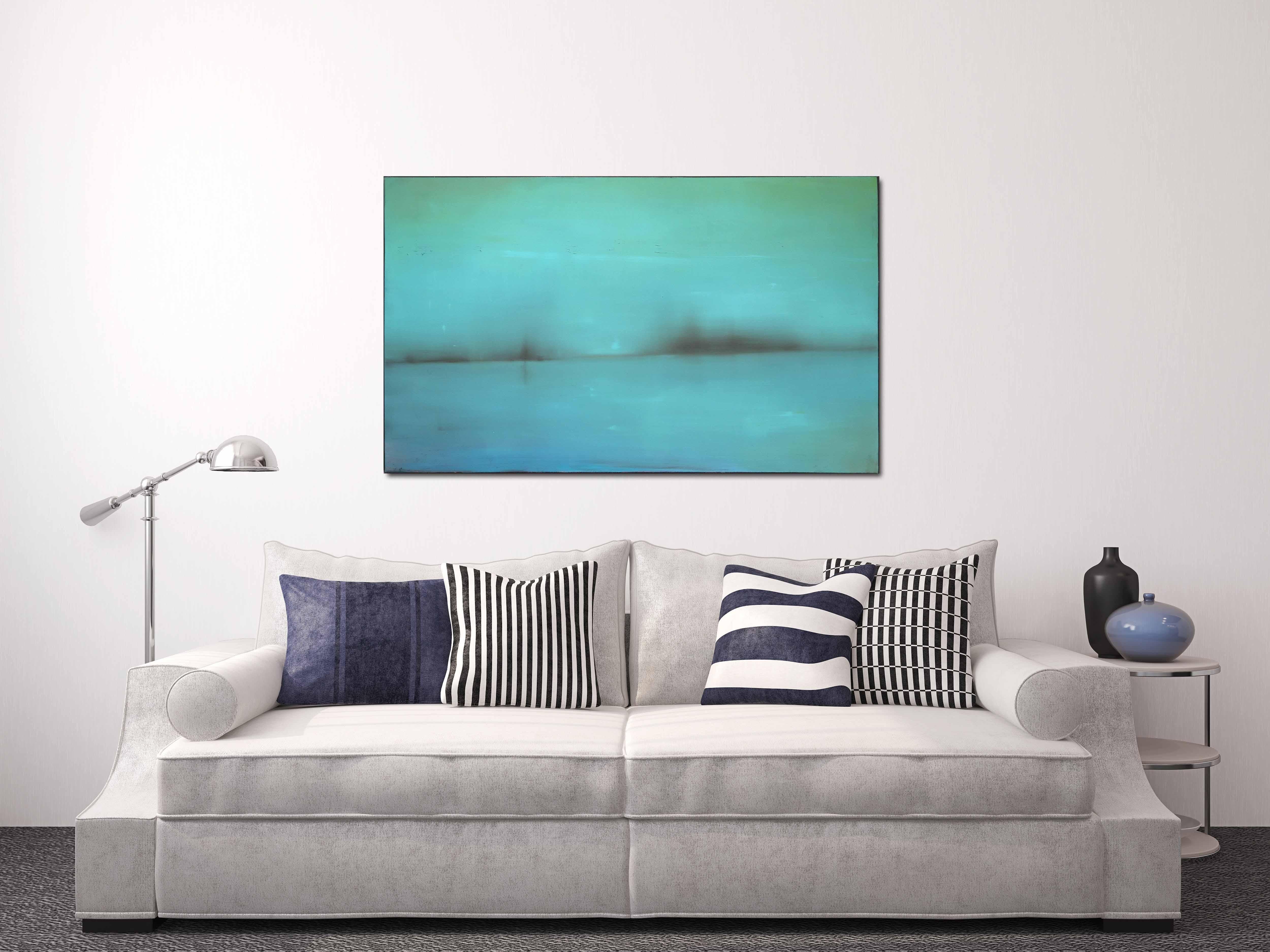 Un ciel lointain - Peinture à l'huile abstraite atmosphérique bleu-vert - Painting de Mark Acetelli