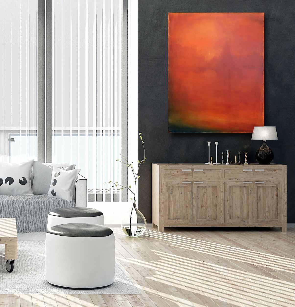 Dante's Summer - Vibrant Red Orange Atmospheric Abstract Oil Painting on Canvas For Sale 4