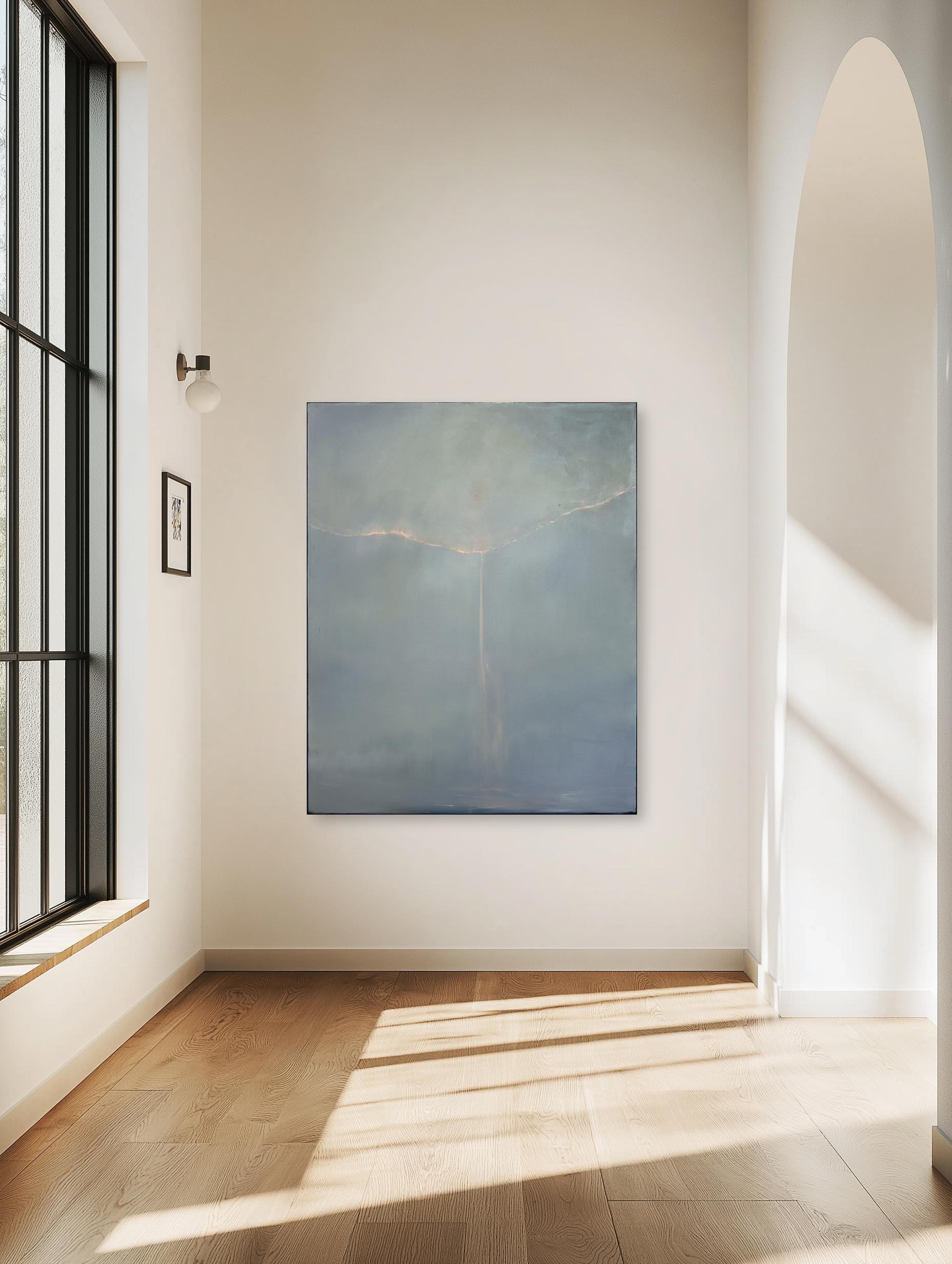 Falling Fire - Muted Color Atmospheric Abstract Alluring Oil Painting on Canvas - Gray Abstract Painting by Mark Acetelli