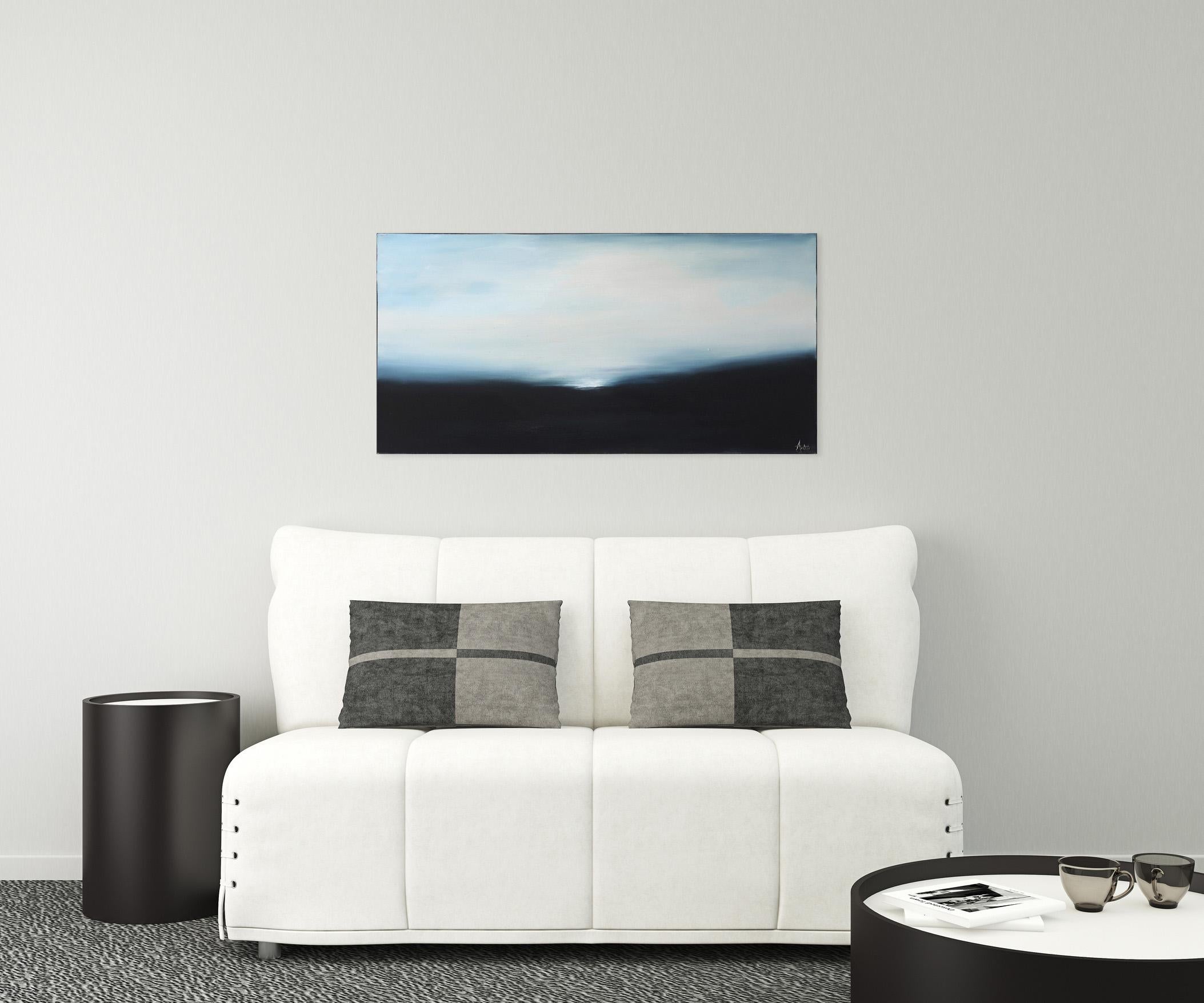 Solsticio I - Elegante Pintura al Óleo Paisaje Abstracto Azul en venta 2