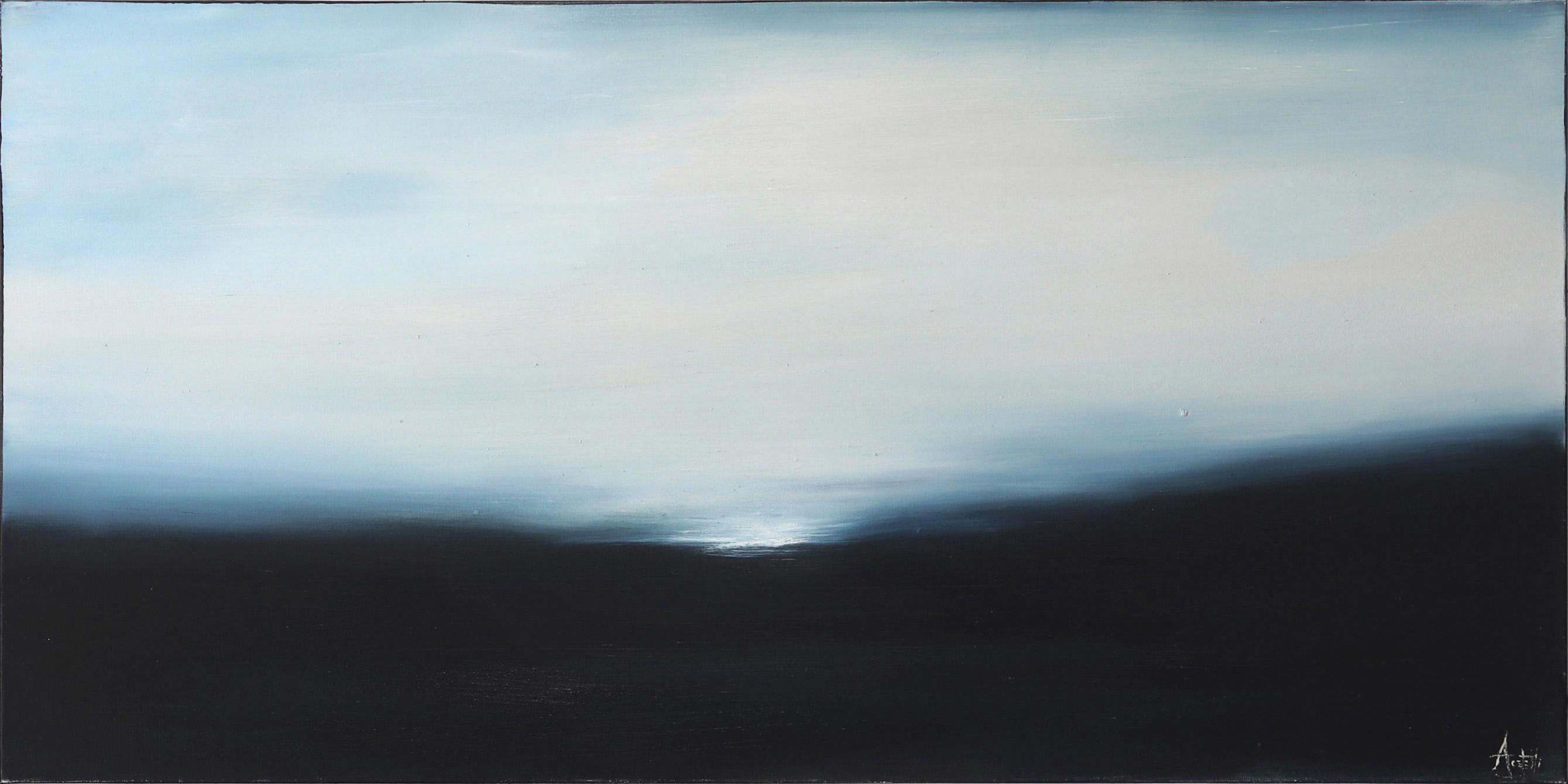 Landscape Painting Mark Acetelli - Solstice I, élégante peinture à l'huile de paysage abstrait bleu