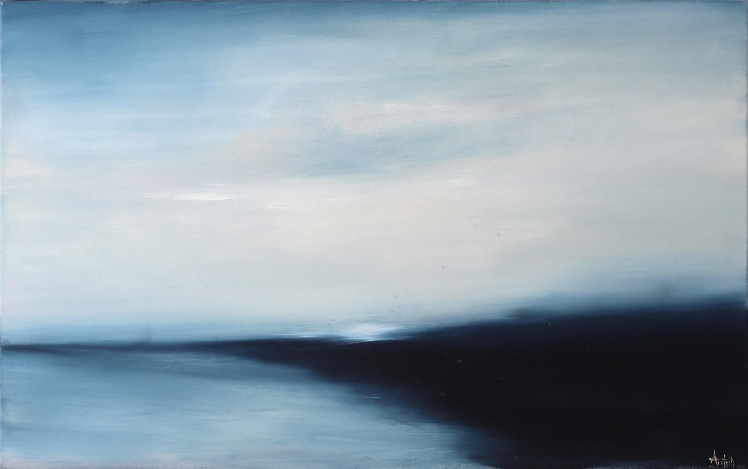 Abstract Painting Mark Acetelli - Solstice II, élégante peinture à l'huile de paysage abstrait bleu