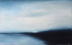 Solstice II, élégante peinture à l'huile de paysage abstrait bleu