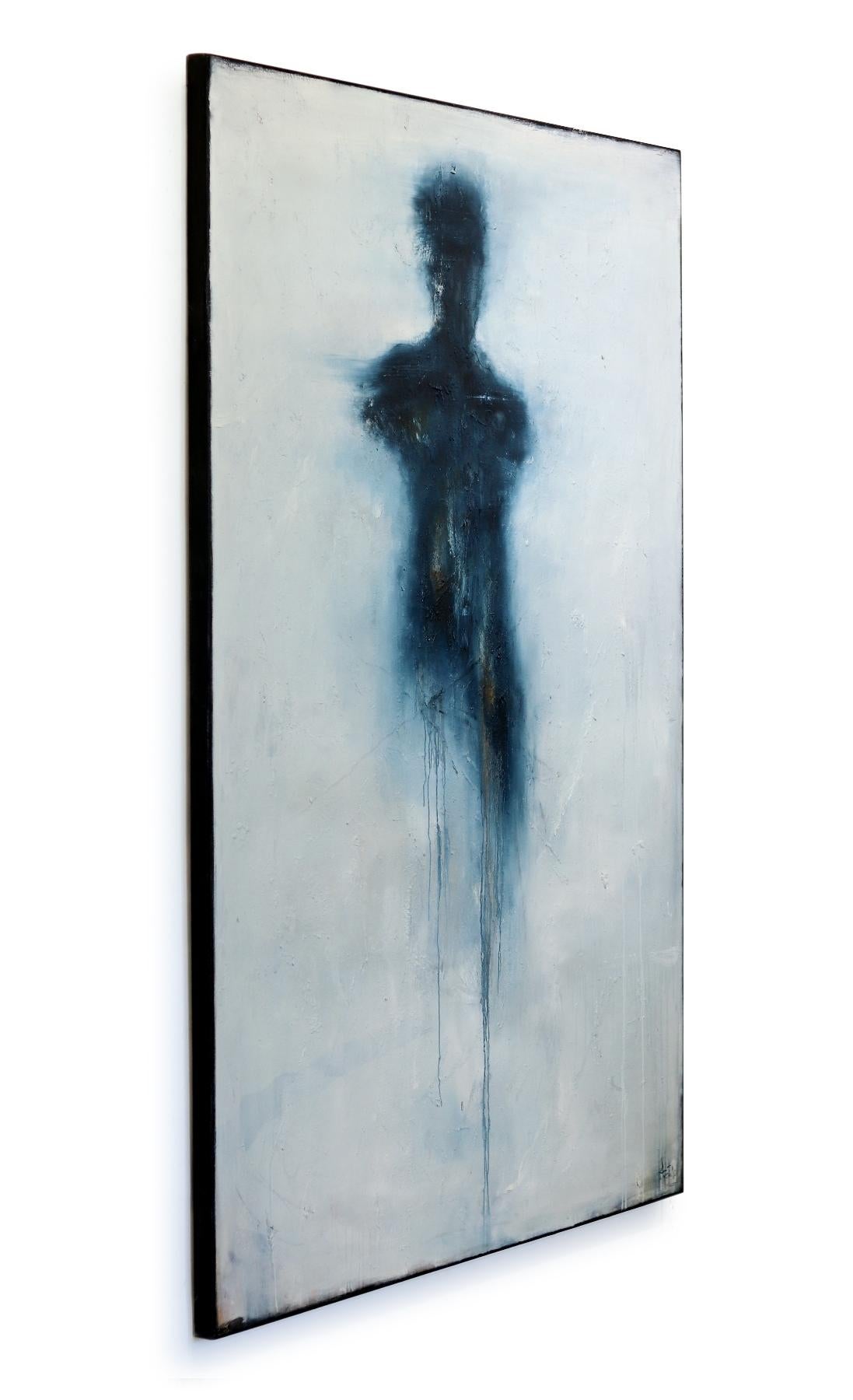Trust and Virtue - Large Oversized Abstract Figurative Blue on Gray Oil Painting For Sale 2