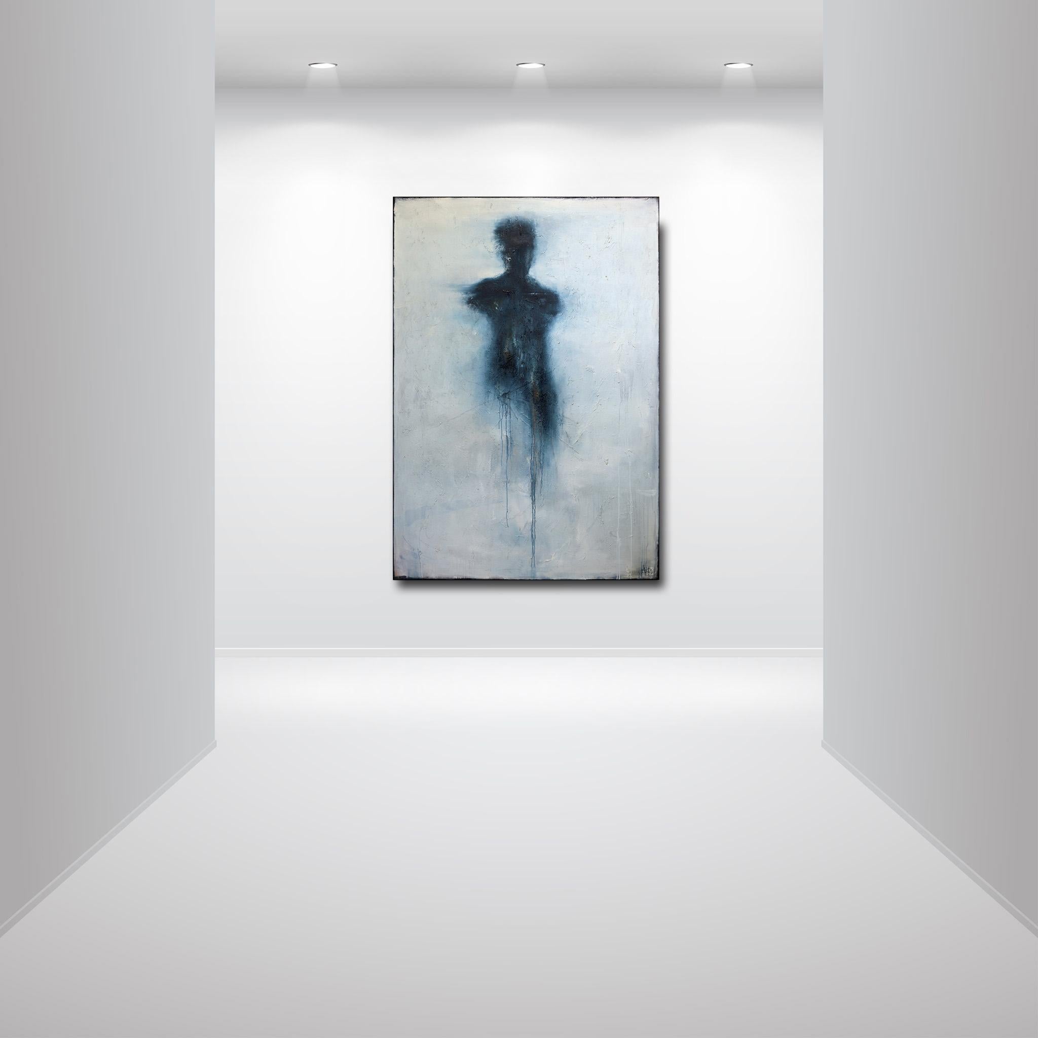 Trust and Virtue - Large Oversized Abstract Figurative Blue on Gray Oil Painting For Sale 4