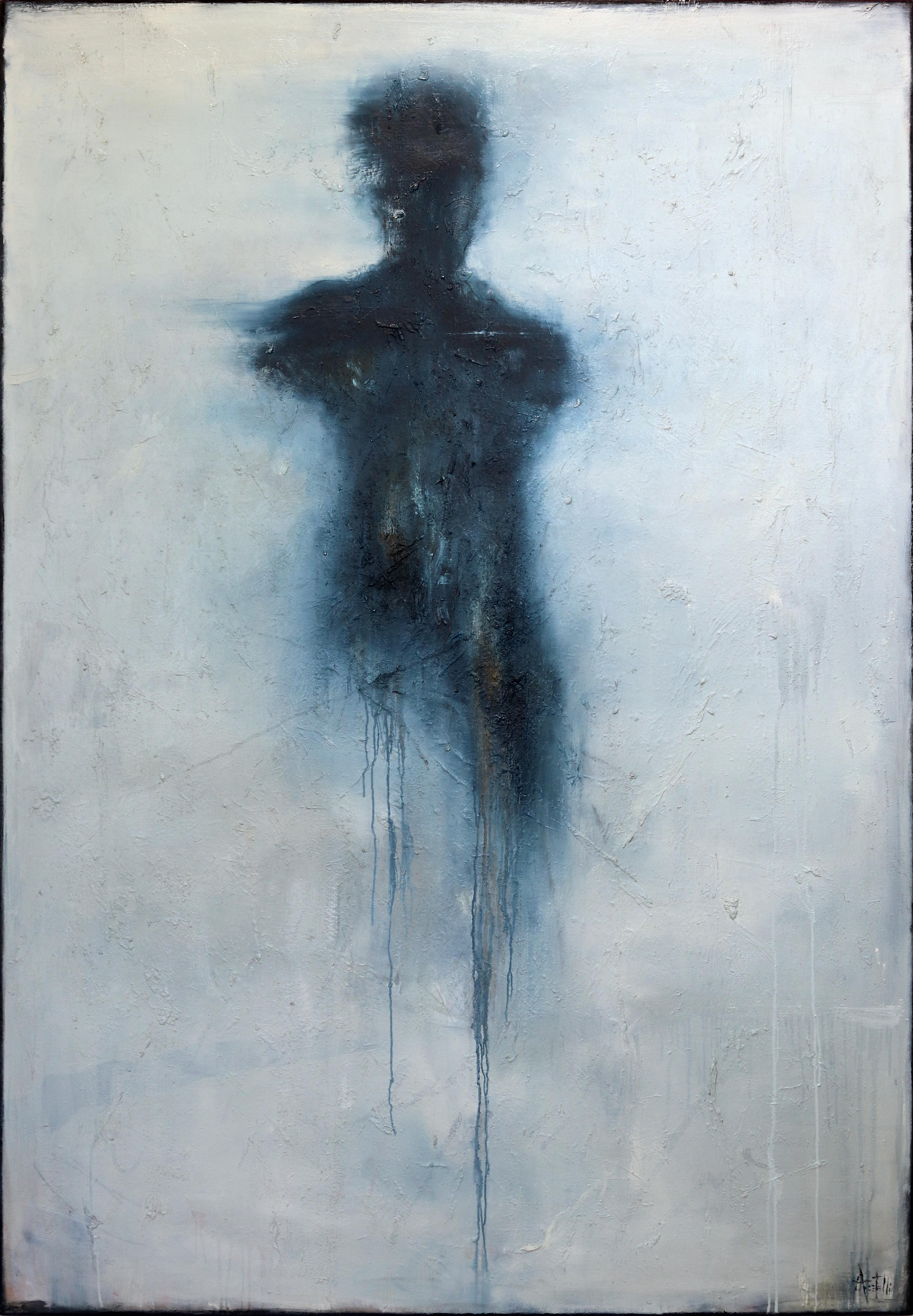 Mark Acetelli Figurative Painting - Trust and Virtue - Large Oversized Abstract Figurative Blue on Gray Oil Painting
