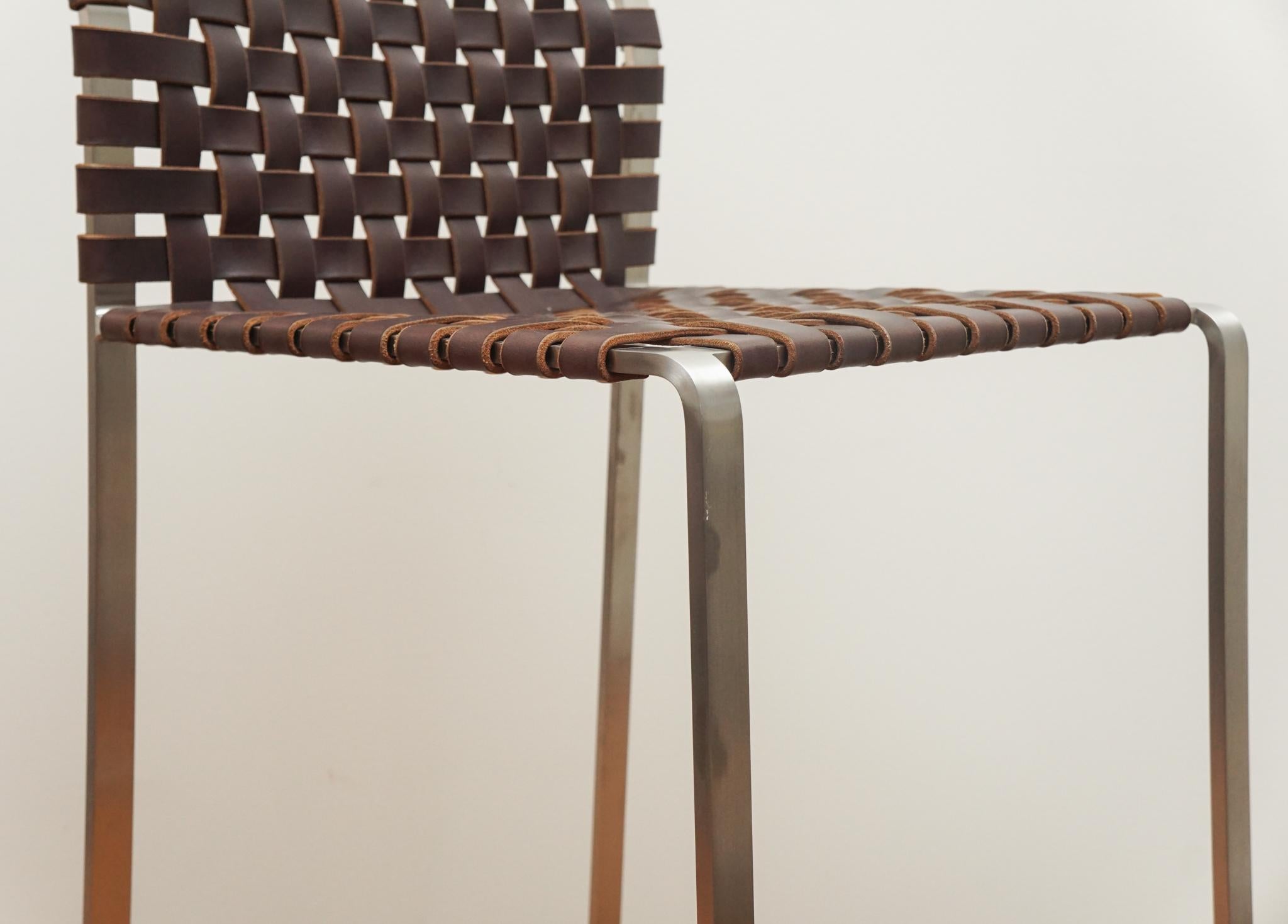 Organic Modern Mark Albrecth High Back Woven Leather Bar Stool For Sale