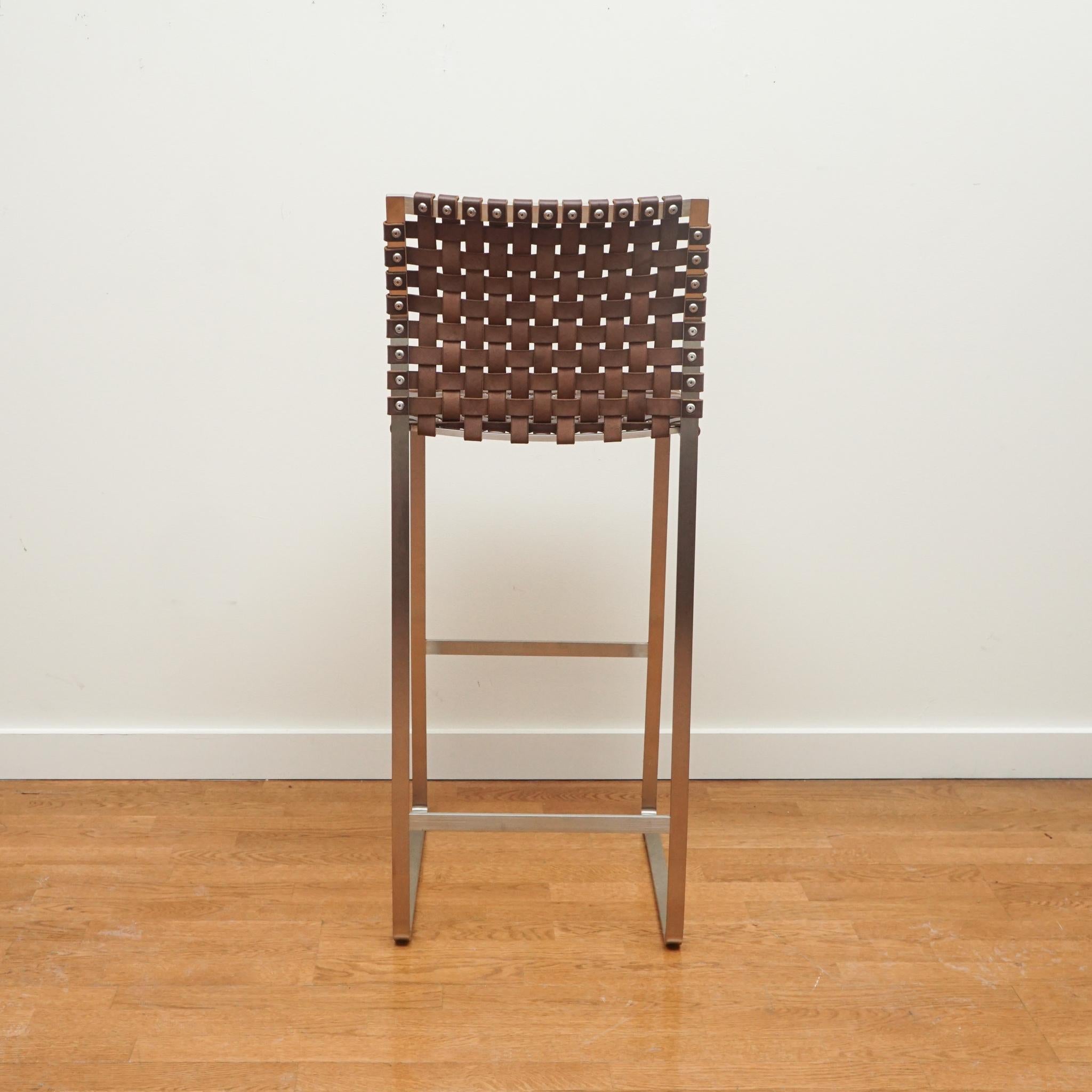 Contemporary Mark Albrecth High Back Woven Leather Bar Stool For Sale