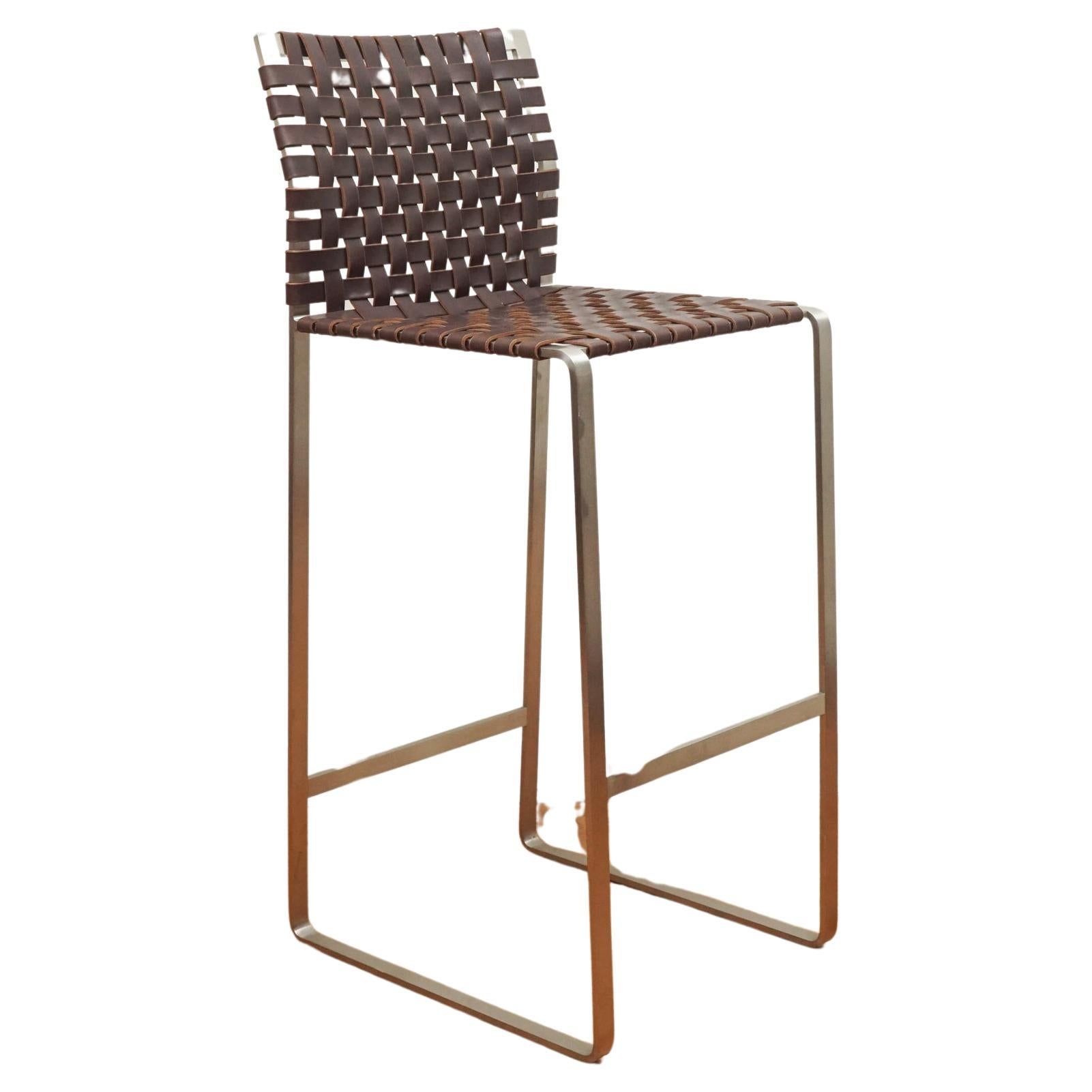 Mark Albrecth High Back Woven Leather Bar Stool For Sale