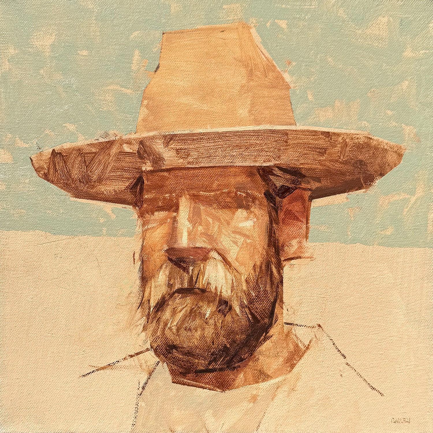 Mark Andrew Baileys "Bad Hombre XLIV" (2025) ist ein originales, handgefertigtes Ölgemälde, das ein impressionistisches Profilporträt eines männlichen Cowboys mit Bart und Hut zeigt. 

Über den Künstler:
Die malerischen Pinselstriche des Künstlers
