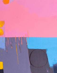 British large and bright contemporary abstract painting, strong pinks and blues