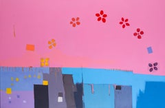 British large and bright contemporary abstract painting, strong pinks and blues