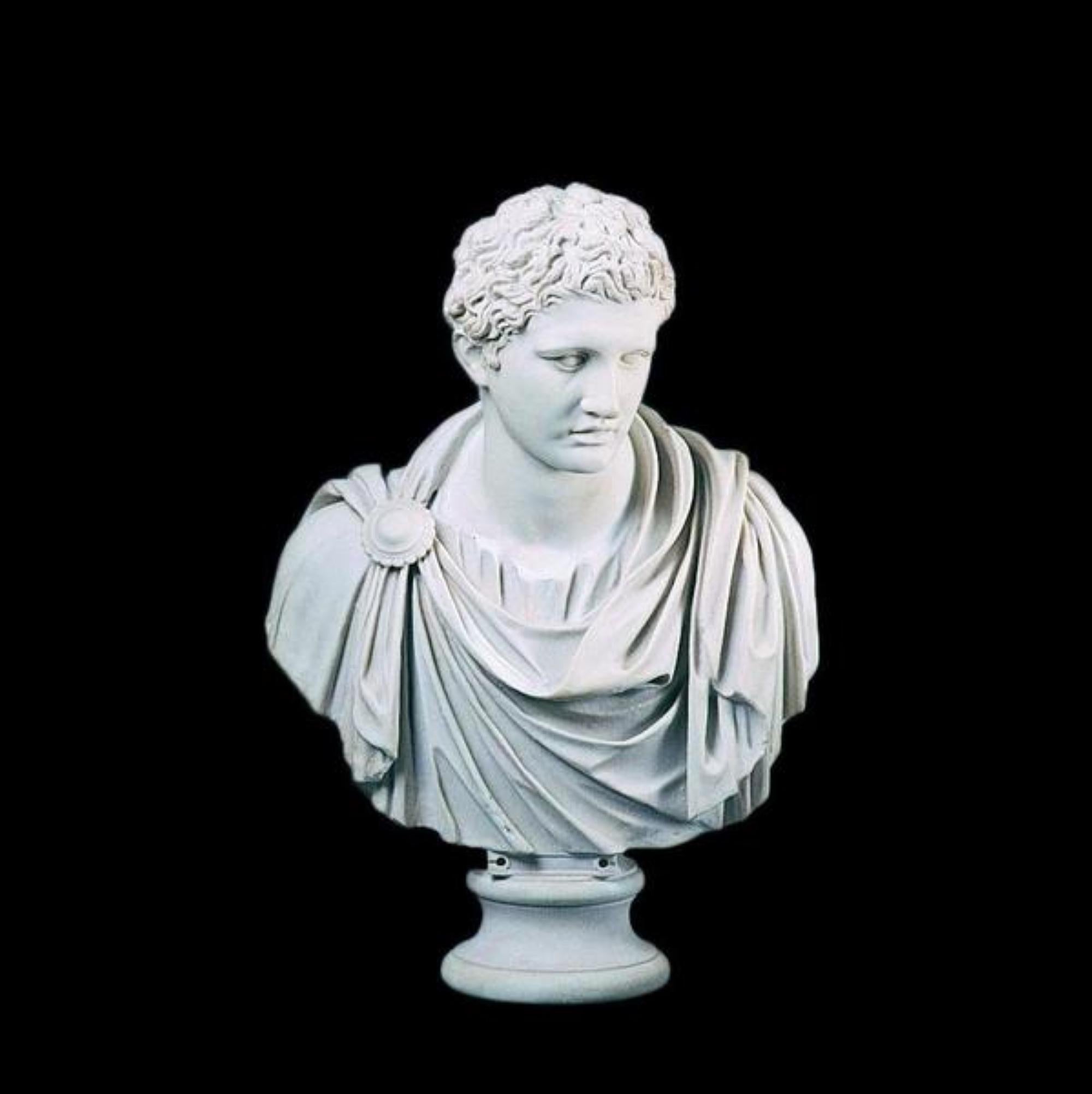 Mark Antony, a bust, in toga drapery, 20th century.
A fantastic large library bust of Marcus Antonius, who was a Roman politician and general. He was an important supporter and the loyal friend of Gaius Julius Caesar as a military commander and