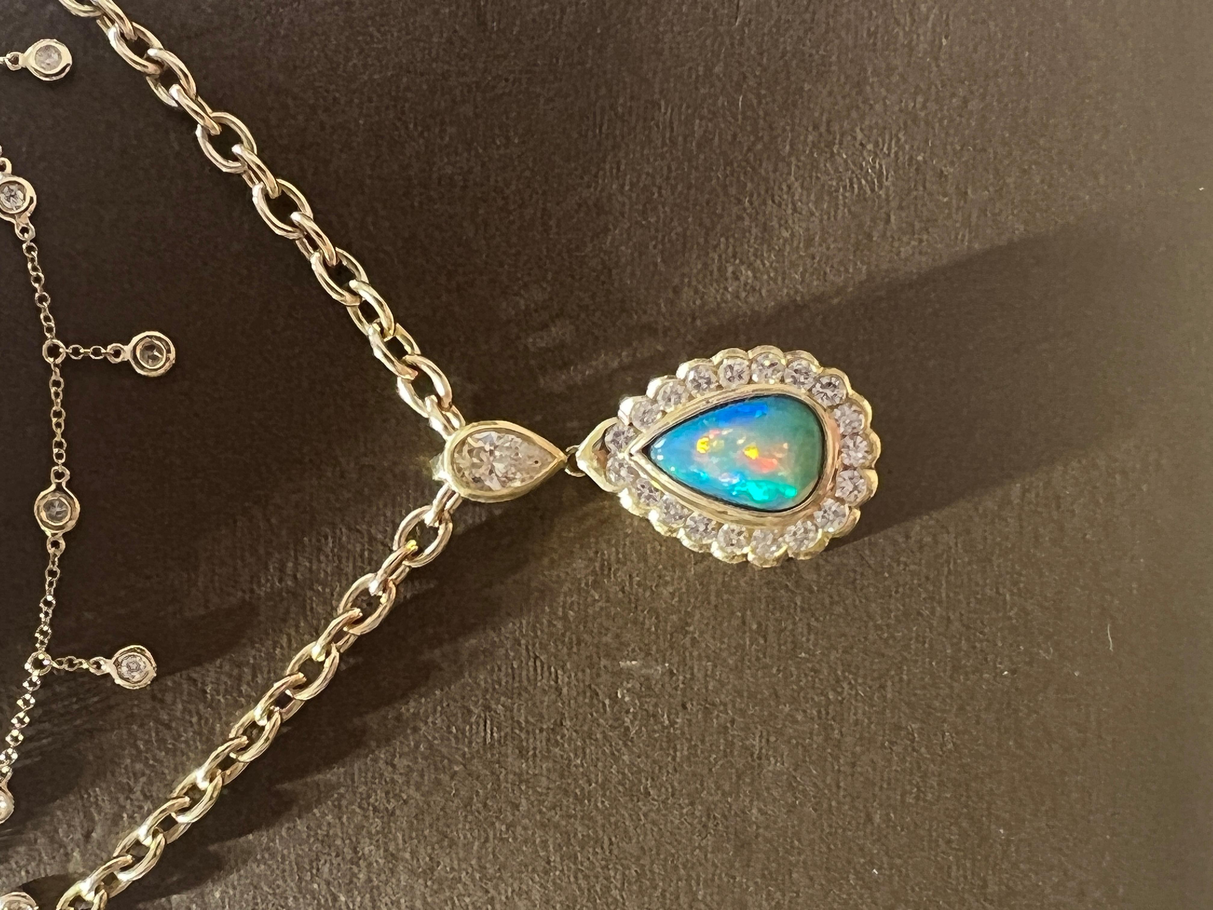 Pear Cut Mark Areias Jewelers Handmade Natural Ethiopian Opal & Diamond Pendant 18KY