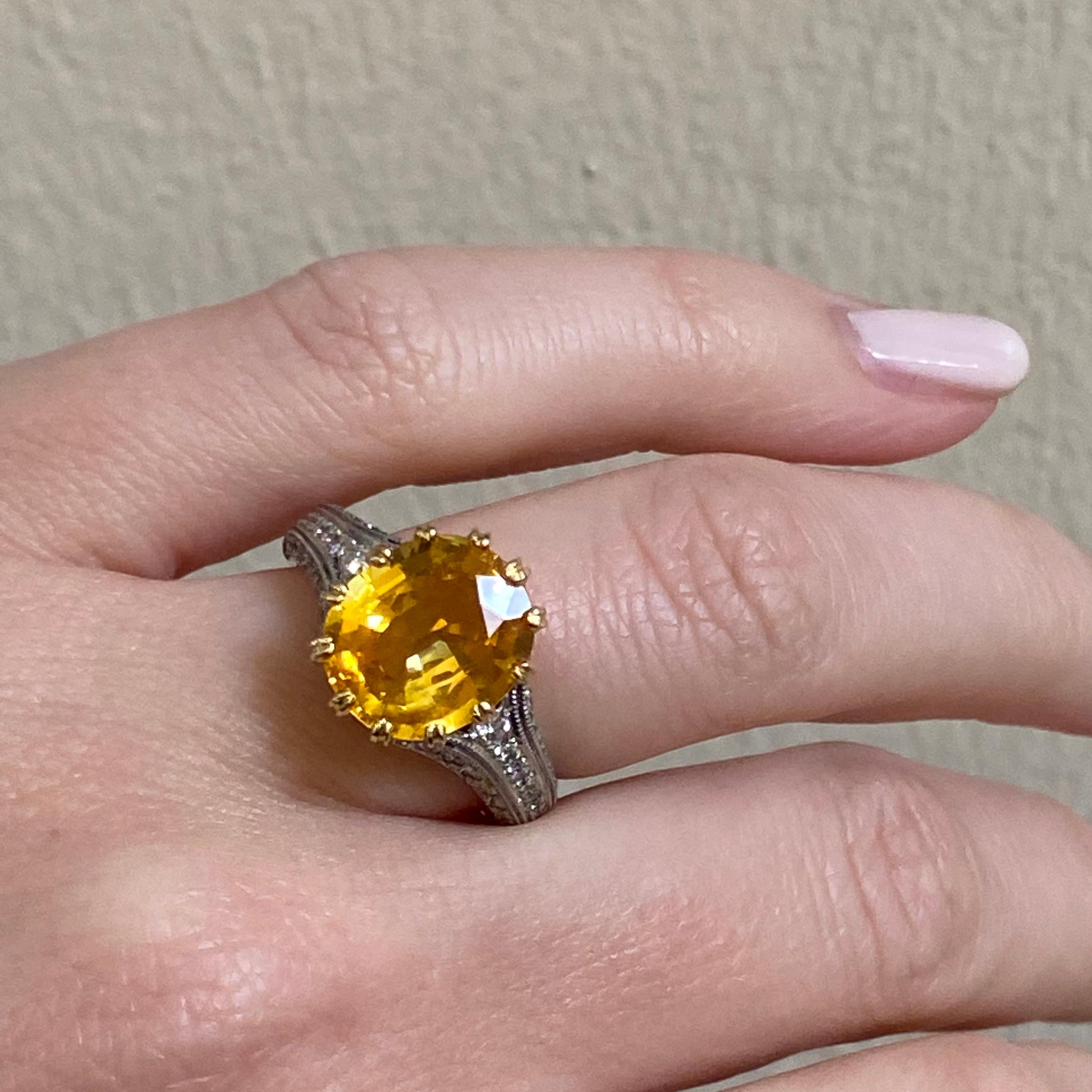 Oval Cut Yellow Sapphire and Diamond Platinum Handmade Ring For Sale