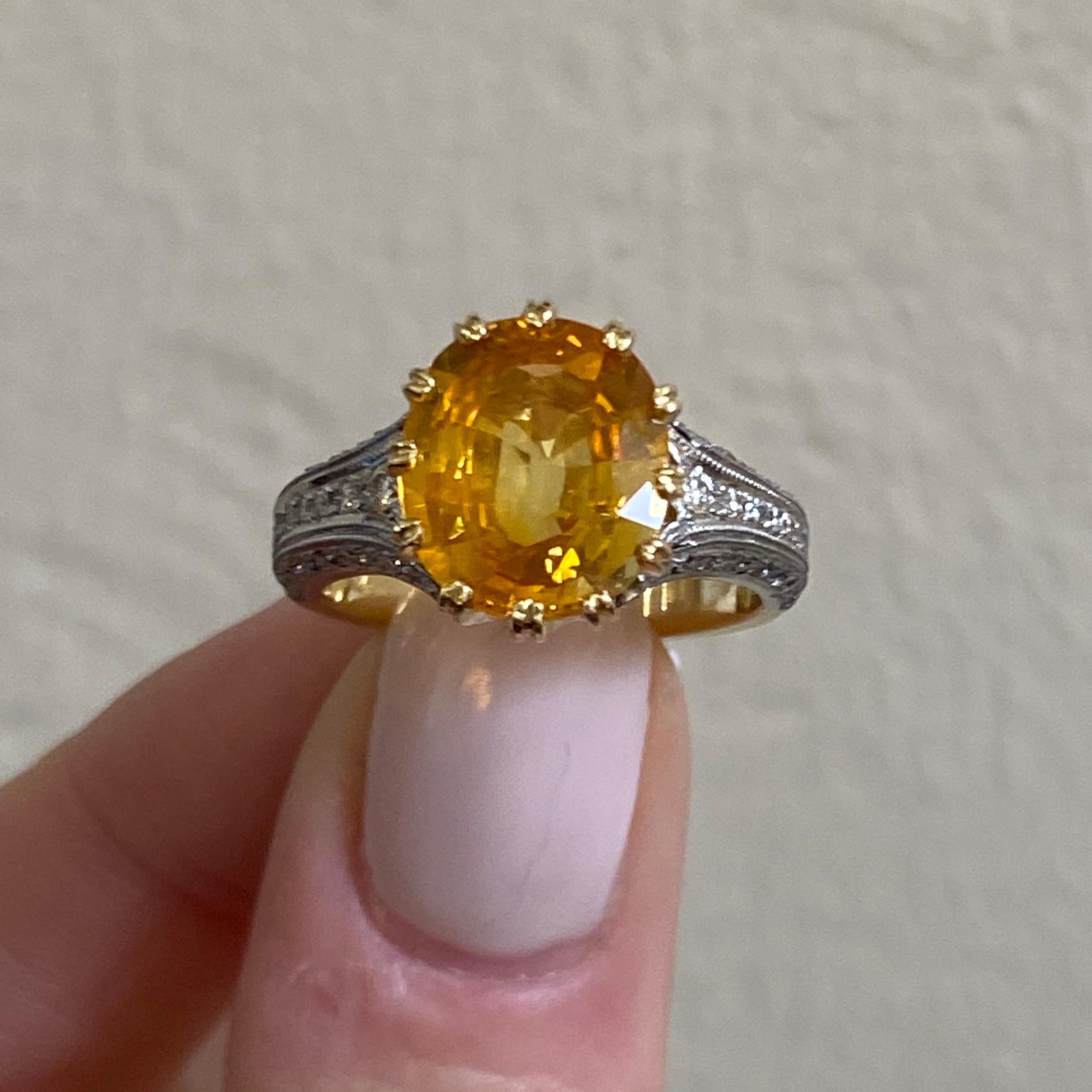 Yellow Sapphire and Diamond Platinum Handmade Ring In New Condition For Sale In Carmel-by-the-Sea, CA