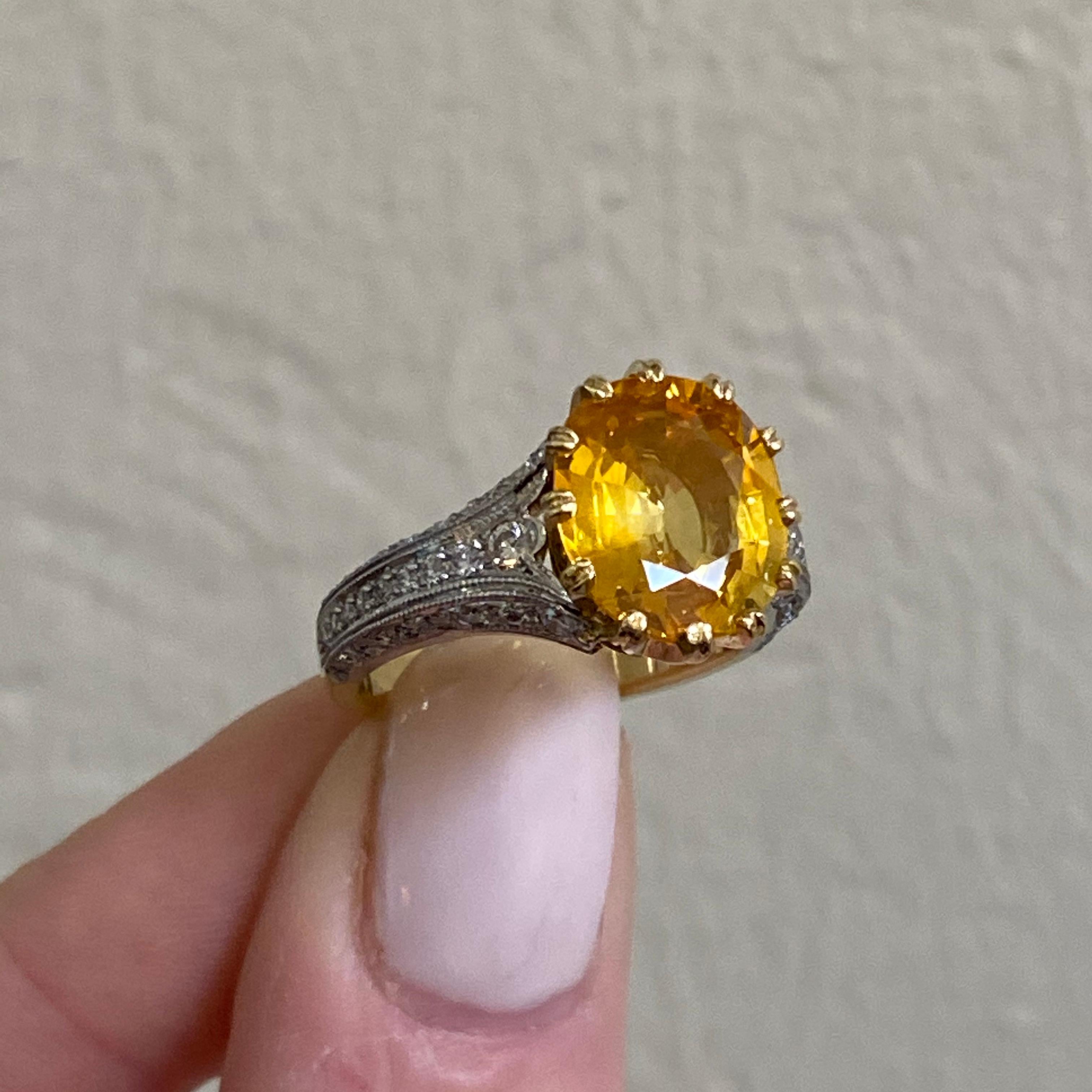 Women's Yellow Sapphire and Diamond Platinum Handmade Ring For Sale
