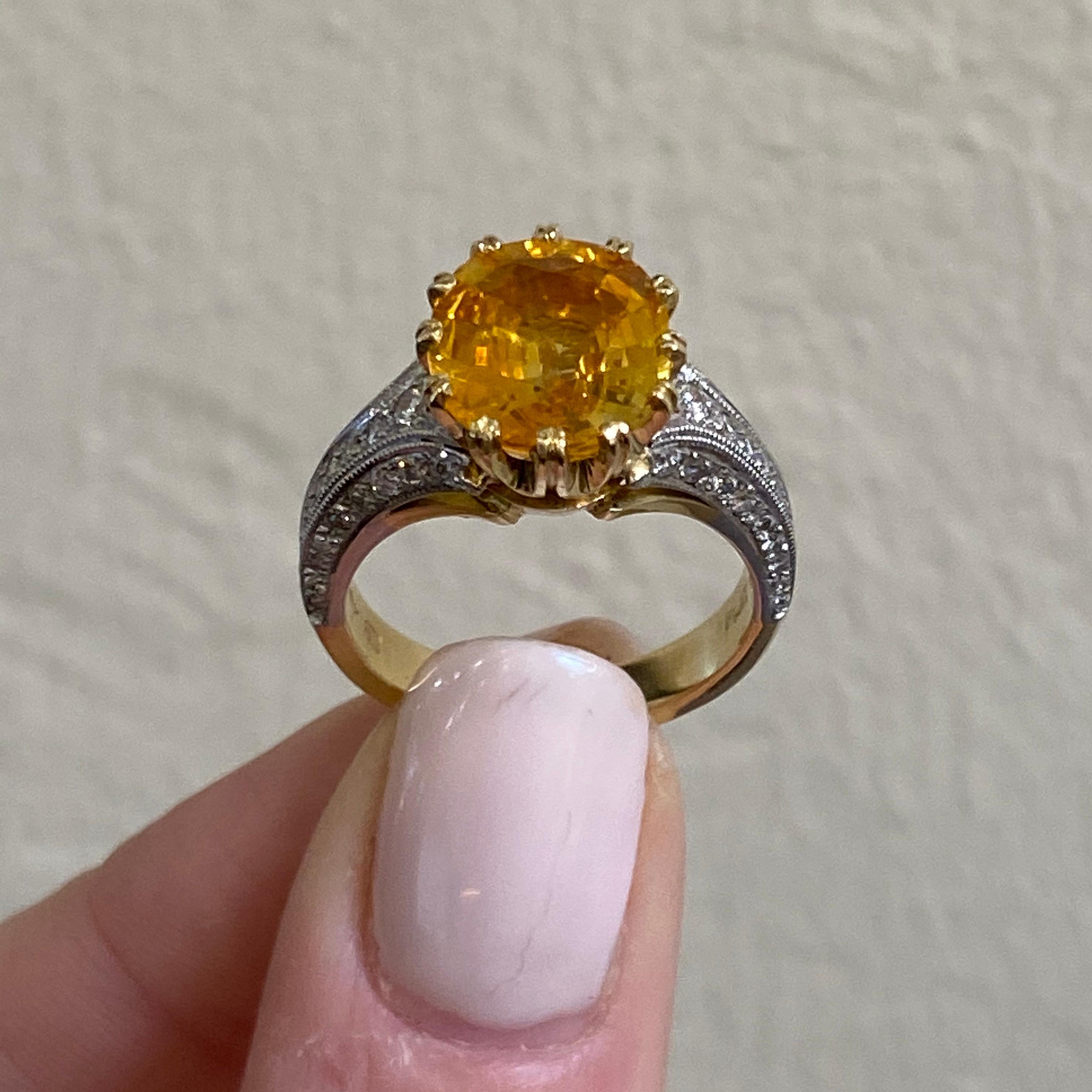 Yellow Sapphire and Diamond Platinum Handmade Ring For Sale 1