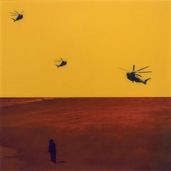 Found - yellow sky, red ground, solitary figure with helicopters