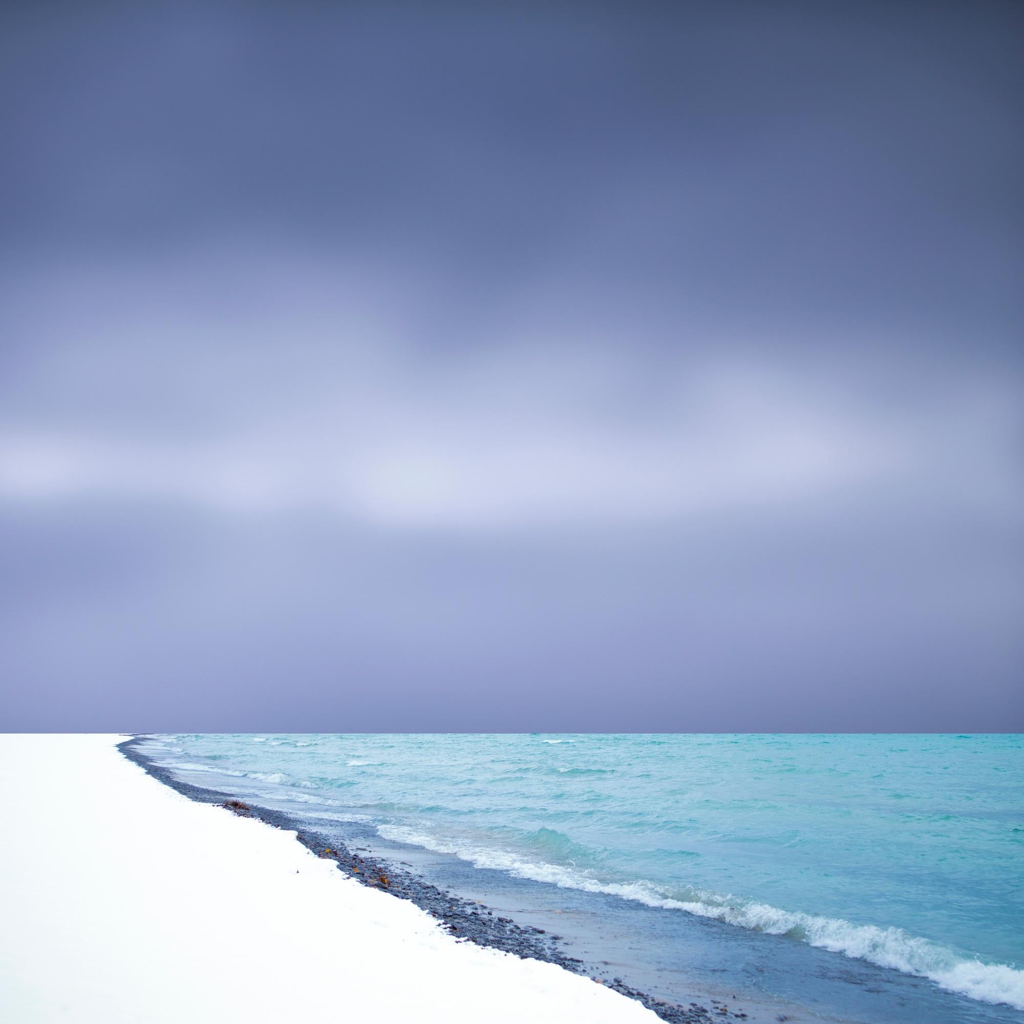 Lakeshore, Square Landscape Photograph of White Winter Lake Beach, Snow Blue Sky