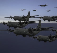 Murmuration - blue, black, aircraft, surrealist, photography on dibond