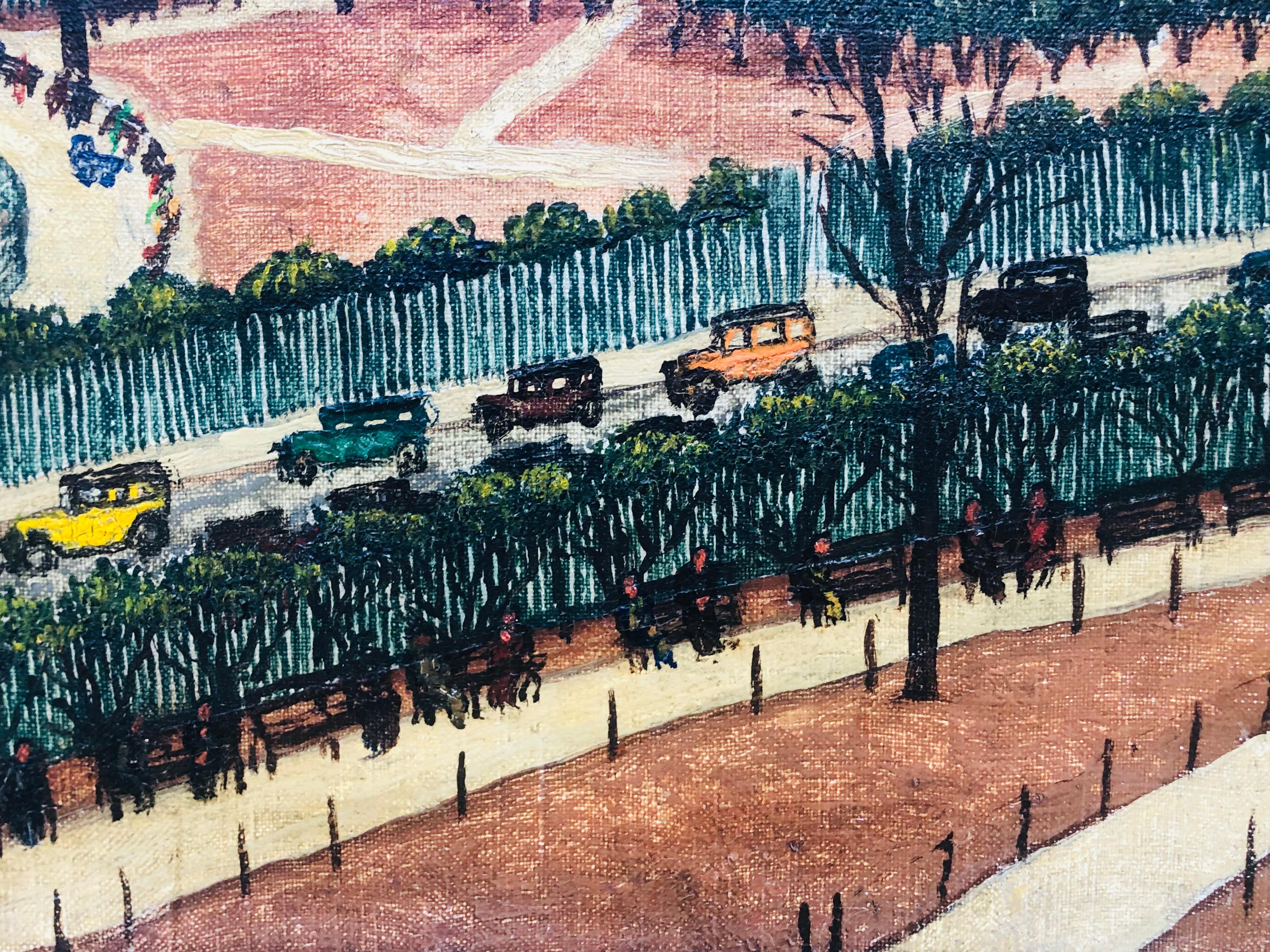 Modernist Pre-War Oil Painting by well-listed artist Mark Baum. Baum was born in Poland in 1903 and came to NYC in 1919. He painted in water colors initially, and switched primarily to oils around 1930. He studied at the National Academy of Design,