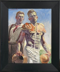 After the Game (Figurative Painting, Two Men in Athletic Uniforms by Mark Beard)