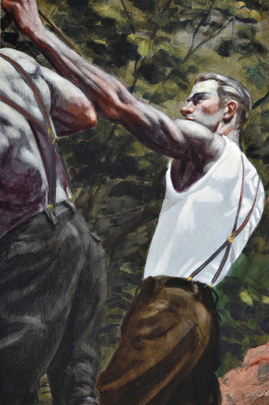 Archers: Akademisches figuratives Gemälde von zwei Männern bei der Bogenjagd von Mark Beard im Angebot 1