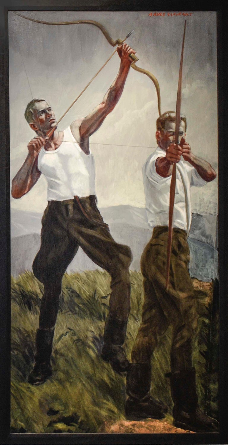 Academic style figurative painting of two men hunting in a mountain landscape with bow and arrows 
"Archers", painted in the late 90's - early 2000's for Abercrombie and Fitch's flagship store in Milan, Italy  
By Mark Beard as Bruce Sargeant