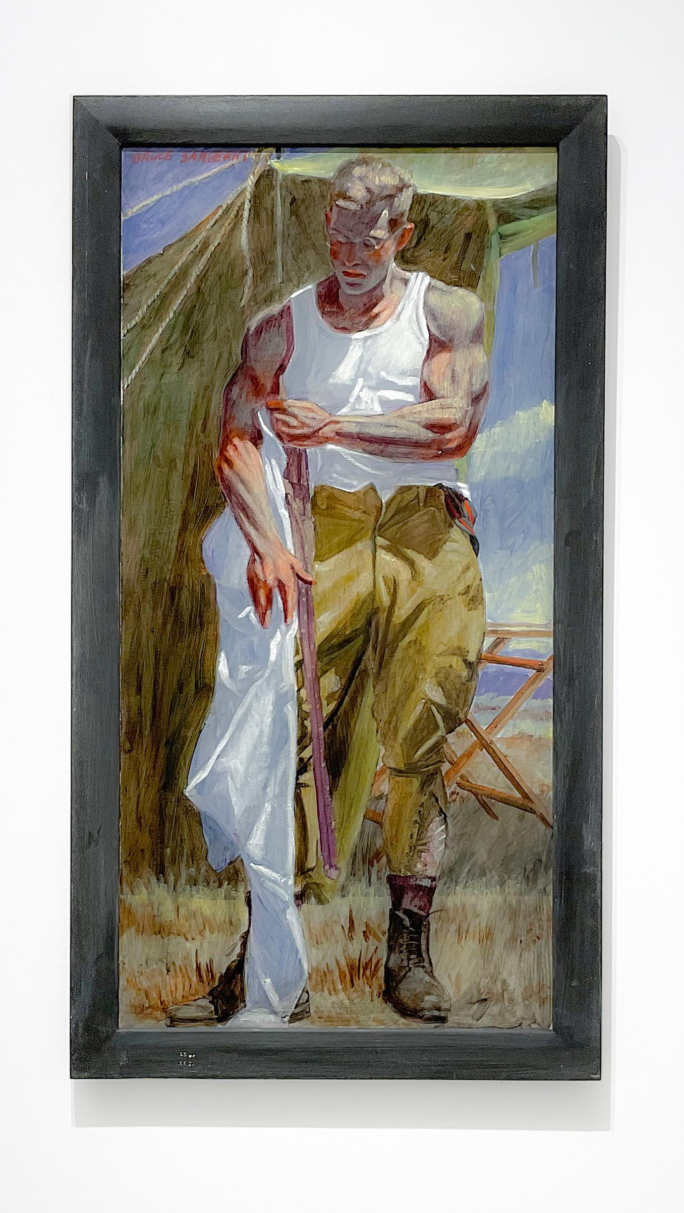 At the Camp (Akademisches figuratives Gemälde eines jungen männlichen Jägers von Mark Beard) im Angebot 1