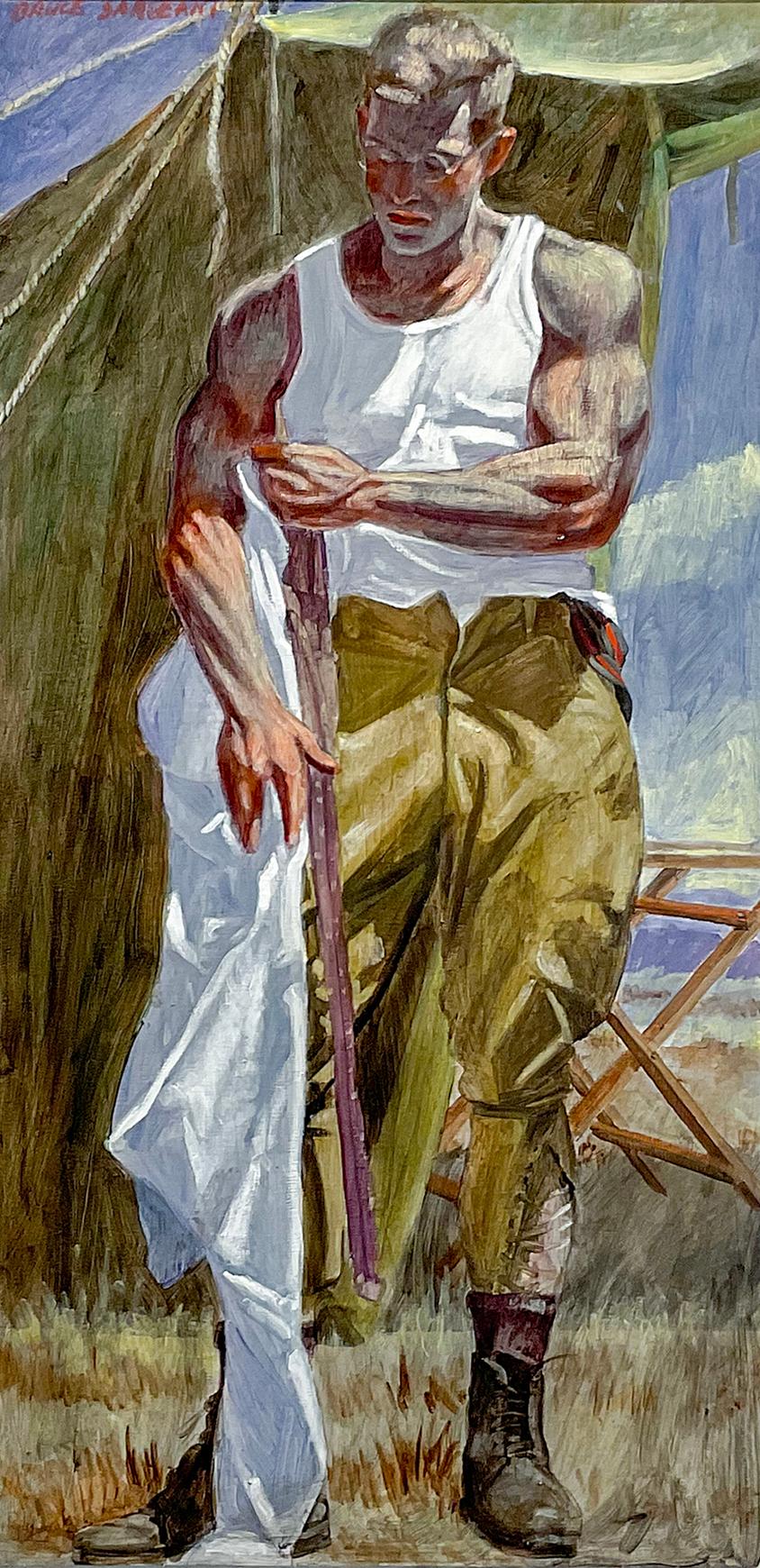 At the Camp (Akademisches figuratives Gemälde eines jungen männlichen Jägers von Mark Beard) im Angebot 2