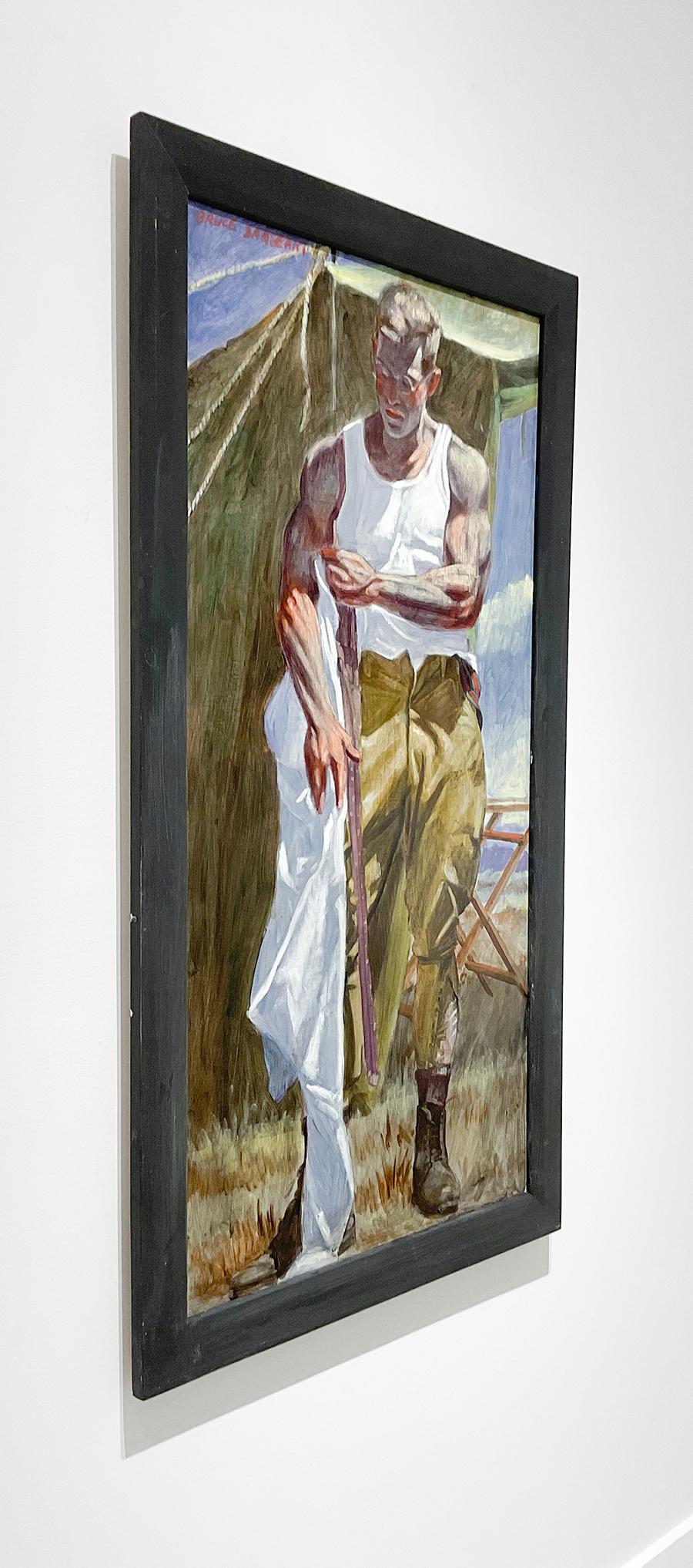 Academic style figurative oil painting on canvas of a young man undressing in a rural camp setting with a mountain landscape in the distance 
