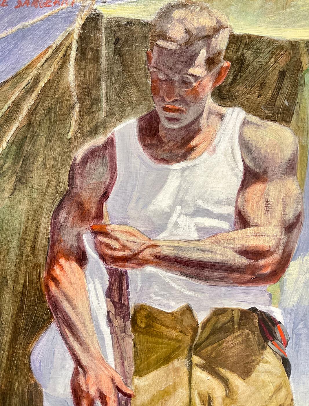 At the Camp (Akademisches figuratives Gemälde eines jungen männlichen Jägers von Mark Beard) im Angebot 5