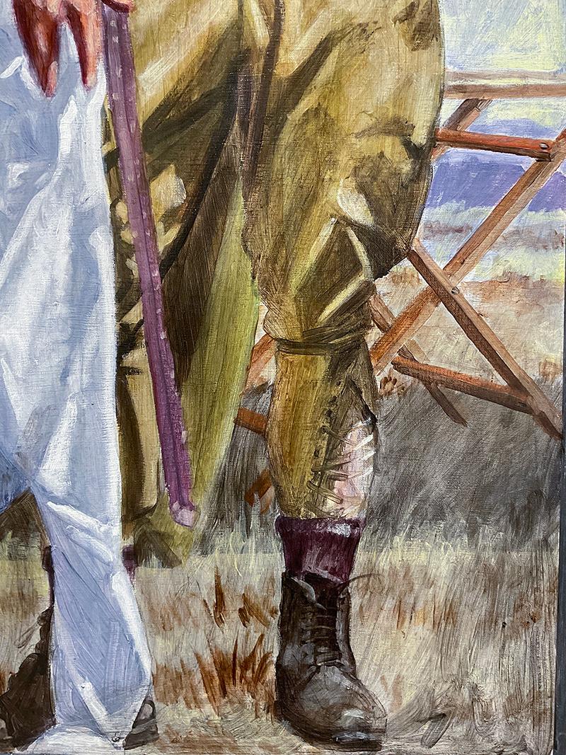 At the Camp (Akademisches figuratives Gemälde eines jungen männlichen Jägers von Mark Beard) im Angebot 6